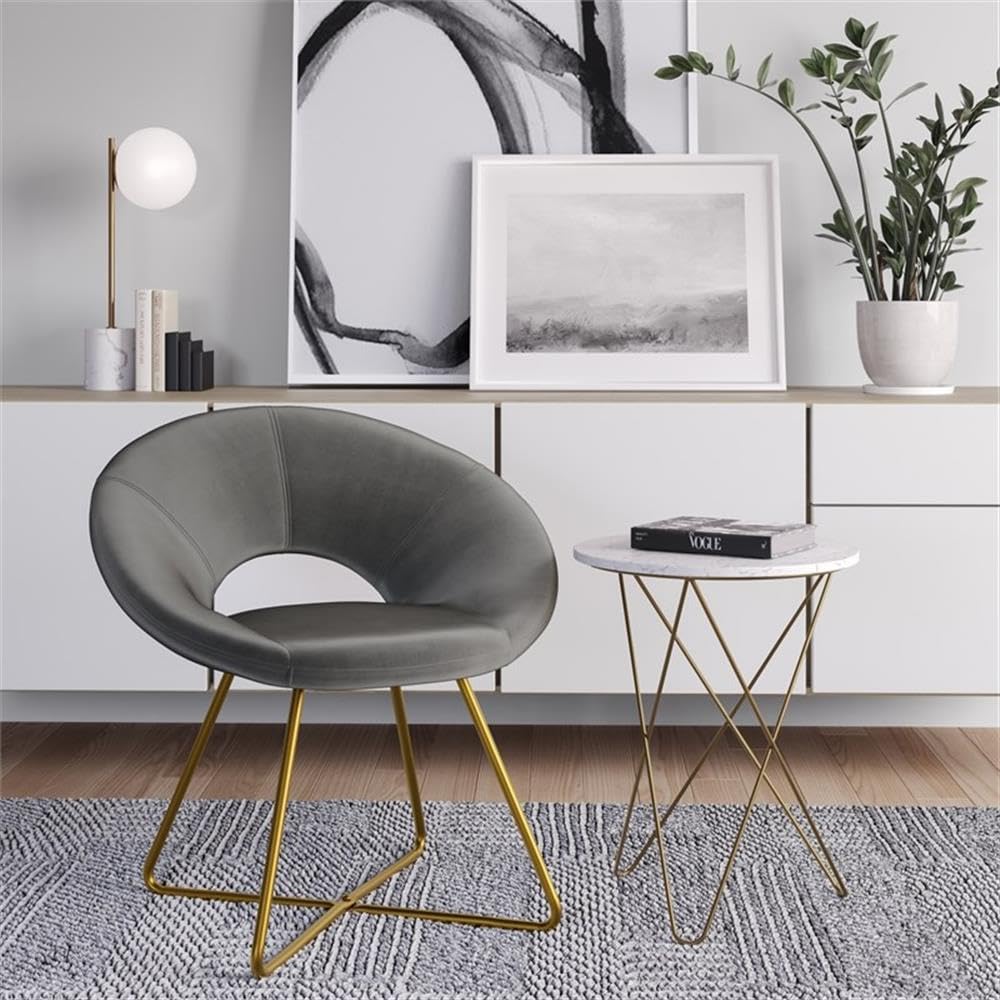 SIMPLIHOME Barrett Accent Chair - 24 inch Wide Upholstered Velvet Mid-Century Modern Accent Chair in Grey, for Living Room Seating with Curved Back, Deep Seat, and Gold Metal Base