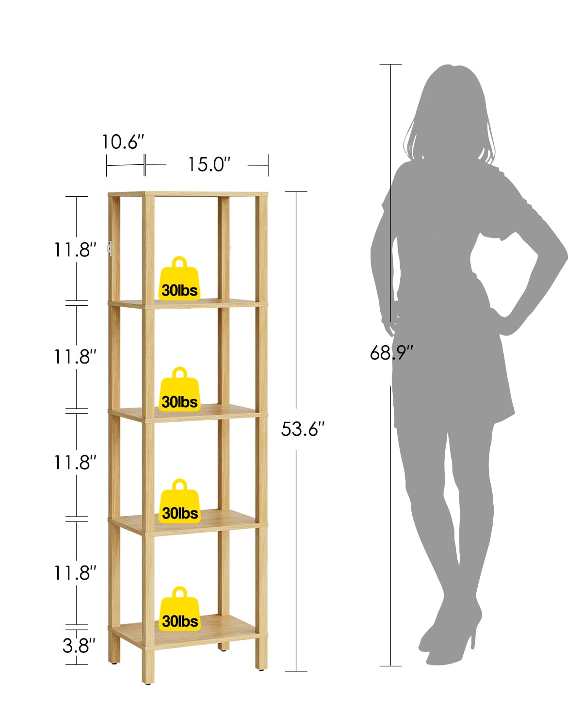 Apetaccat Open Book Shelf, 5 Tier Tall Bookshelf, Freestanding Shelf Narrow Bookcase with Open Shelves, 14.96" x 10.63" x 53.54", Book Shelves for Living Room, Office, Study, Oak