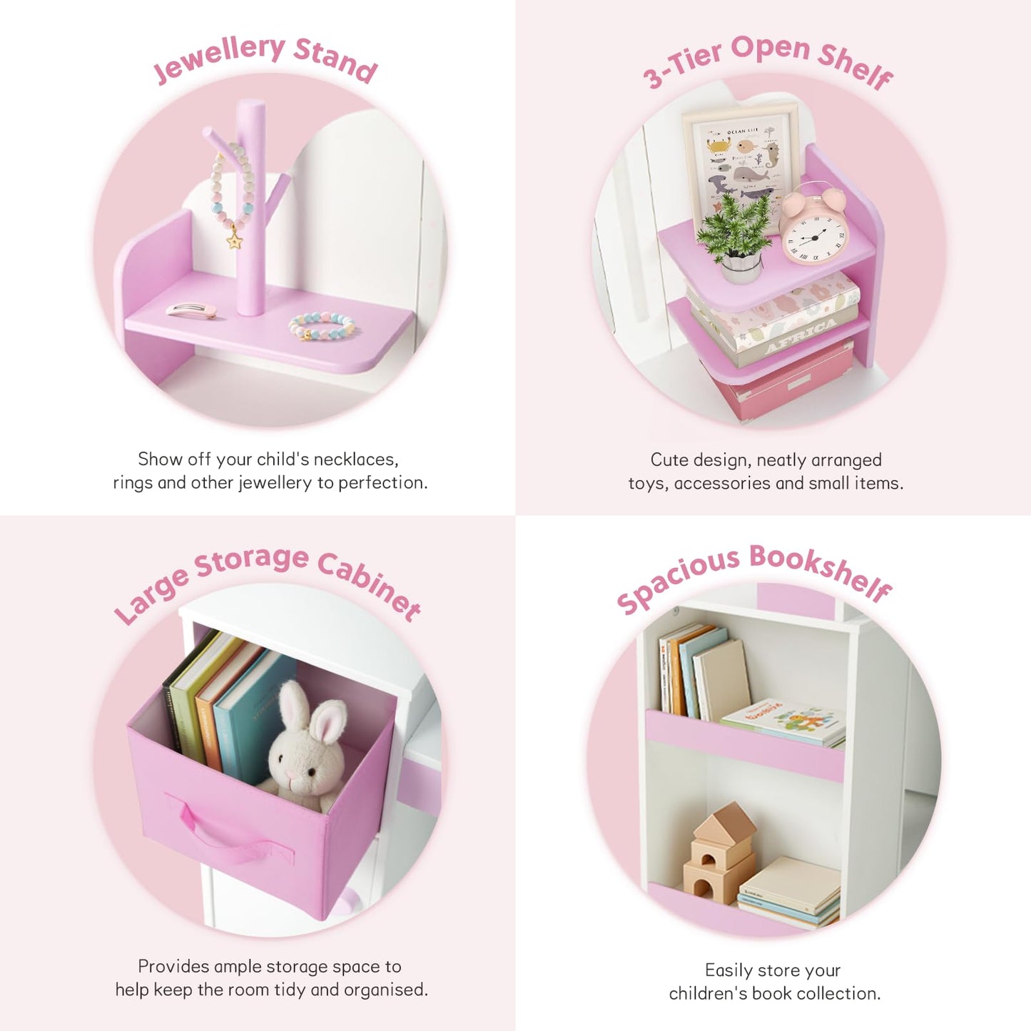 Frogprin Kids Vanity with Lights and Chair, Princess Makeup Vanity Desk with Mirror Bookshelf Storage Cabinet,3 in 1 Toddler Vanity Table Makeup Dressing Table, Pretend Play Vanity Set for Little Girl
