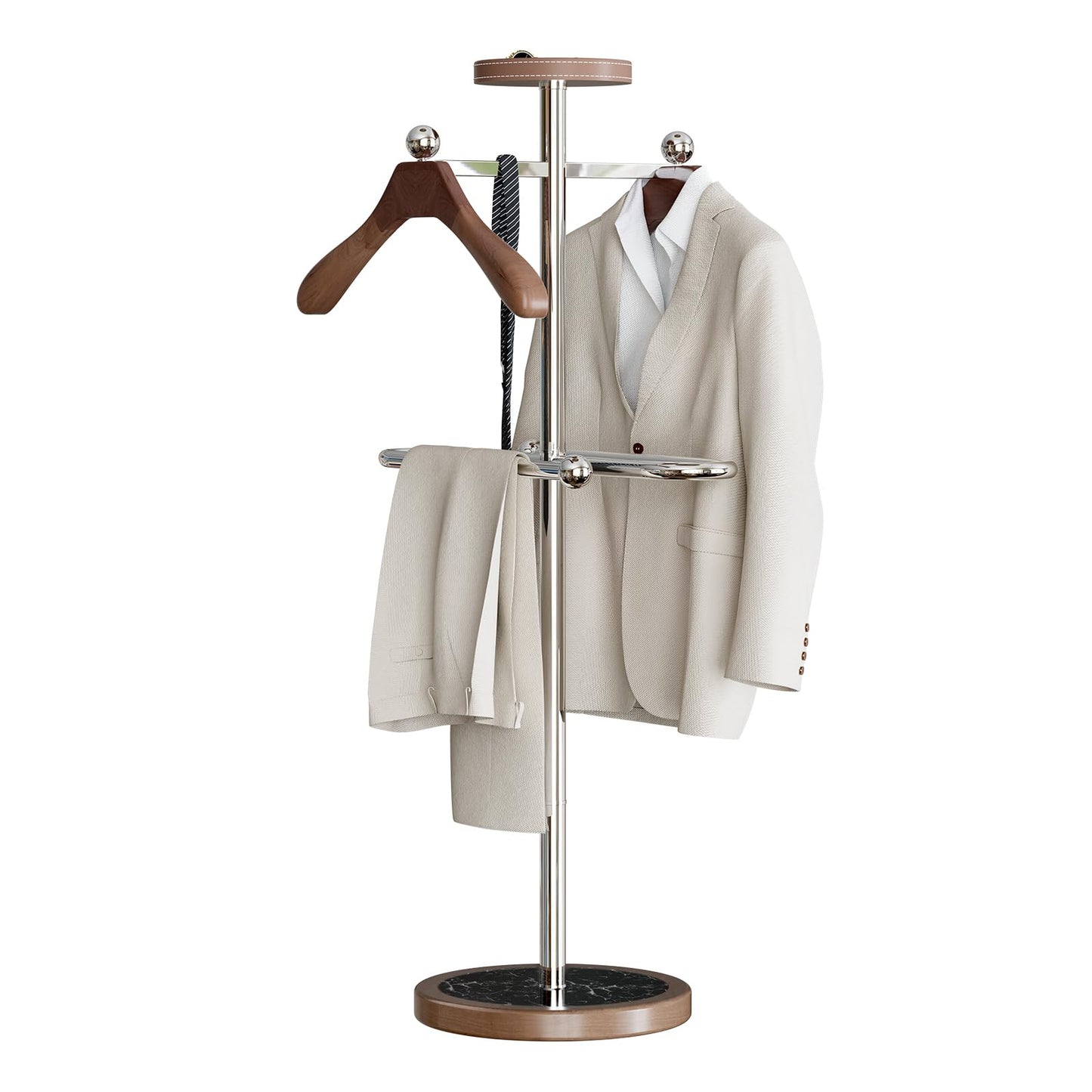MLAVUDM Suit Valet Stand with Marble Base, Freestanding Men’s Clothing Organizer with 2 Wooden Hangers, Storage Tray, Stainless Steel Frame, for Bedroom, Office, Entryway (12.6" x 54.3")