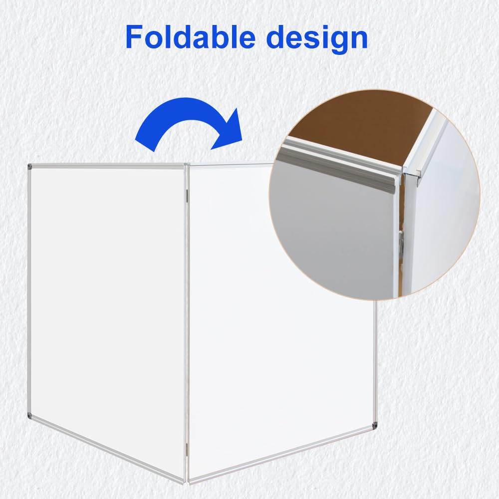 NEWPUTE Large Magnetic Whiteboard 48 x 36 Inch, Foldable Dry Erase White Board with Pen Tray, Big Aluminum Frame Folding Message Presentation Board for Wall