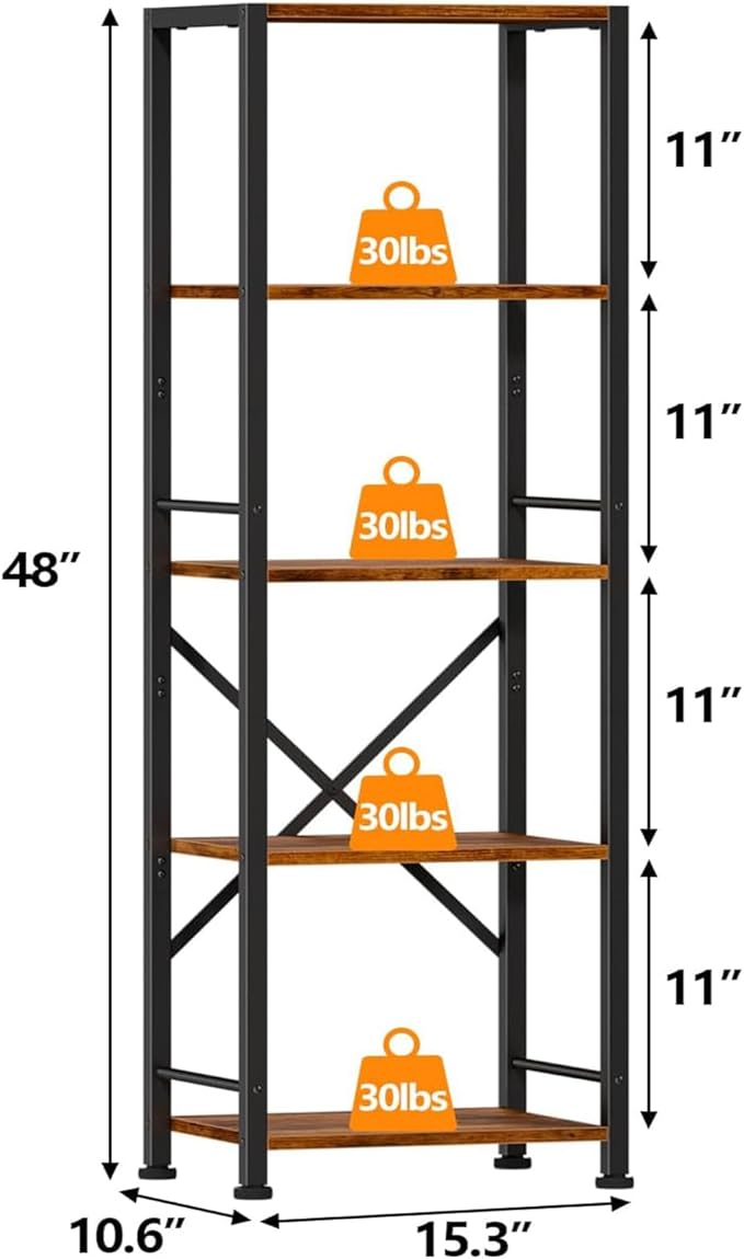 Furologee 5 Tier Tall Bookshelf, Rustic Narrow Bookcase, Display Standing Shelf
