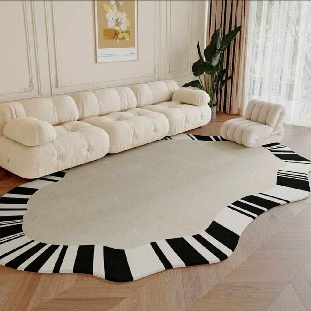 Beige Black White Stripes Irregular Area Rug for Bedroom Living Room Diningroom Non Slip Non Shedding Carpet Mid Century Modern Abstract Shaped Rug Minimalist Home Office Guestroom Floor Mats 5x8
