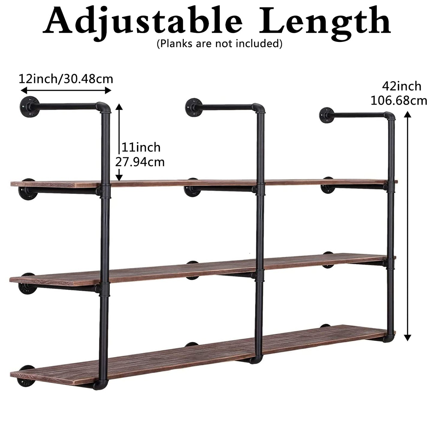 Pynsseu Industrial Iron Pipe Shelving Brackets Unit, Farmhouse Wall Mounted Pipe Shelves for Kitchen Bathroom, DIY Bookshelf Living Room Storage, 3Pack of 4 Tier