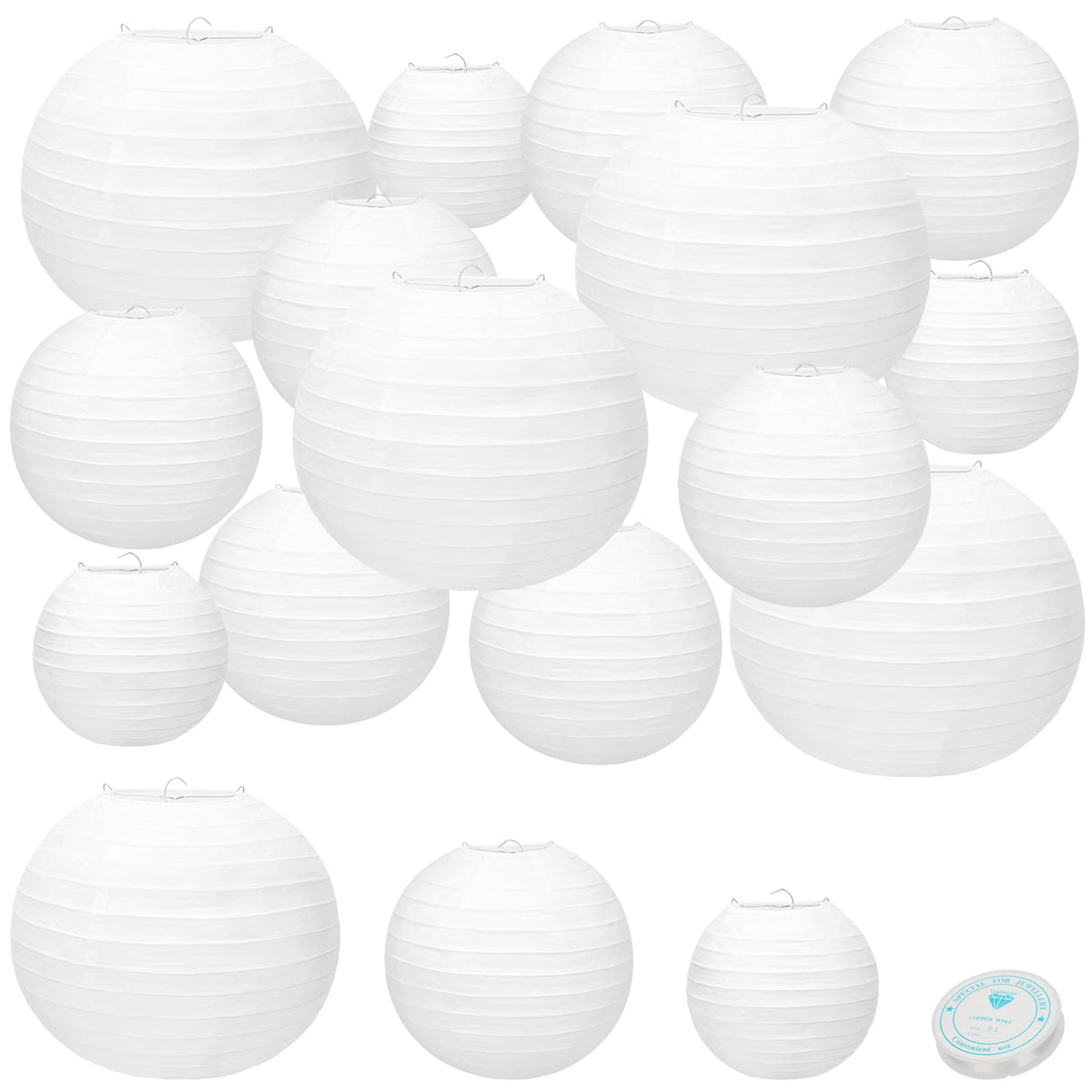 24 Packs White Paper Lanterns 6" 8" 10" Chinese Japanese Hanging Paper Lantern Lamp Round with Clear Fishing Line DIY Table Centerpiece Decoration for Wedding Birthday Party Baby Shower Indoor Outdoor
