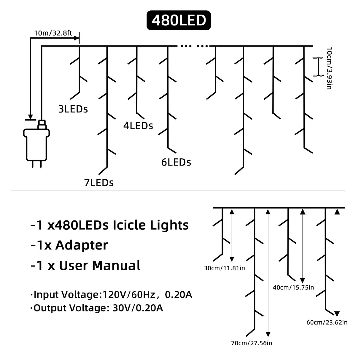 BYIZO Christmas Outdoor Icicle Lights - 480 LED 66+33 FT 8 Modes Curtain Fairy String Light Plug in, Waterproof for Eaves Yard Holiday Xmas Holiday Indoor Outdoor Decoration - Blue White