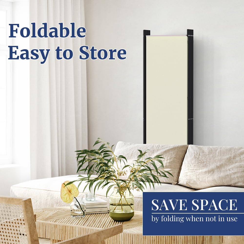 Kokorona 6 Panel Room Divider, 6FT Tall Rolling Privacy Screen with Lockable Wheels, Folding Wall Dividers Portable Room Divider for Room Separation, Included - Cover Strips, Beige, 119''W x 70''H