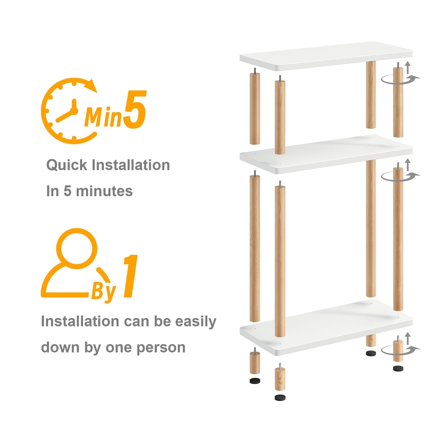Apicizon 3 Tier End Table, Narrow Side Table with Storage Shelf, Bedroom, Living Room, Entryway, Farmhouse, White and Natural