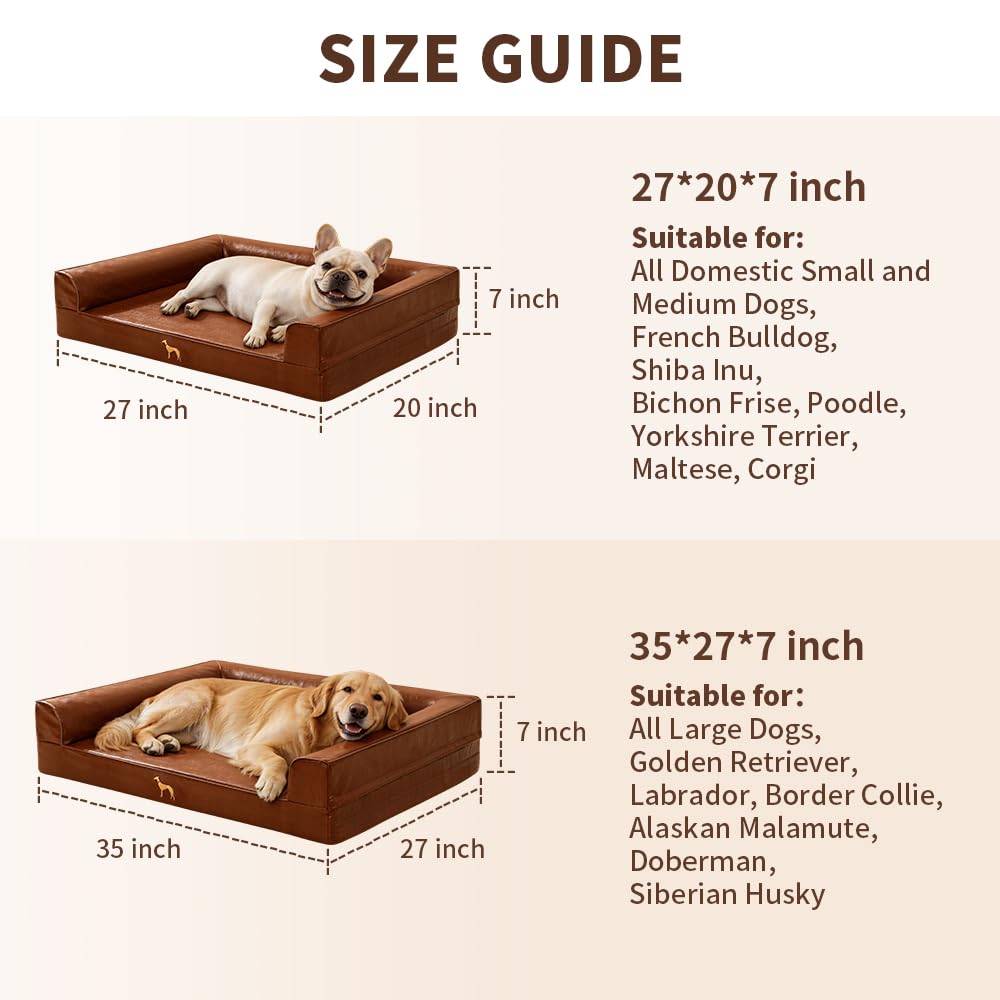 SOMAHE Leather Dog Bed Couch, Orthopedic Waterproof, 35"x28", Brown