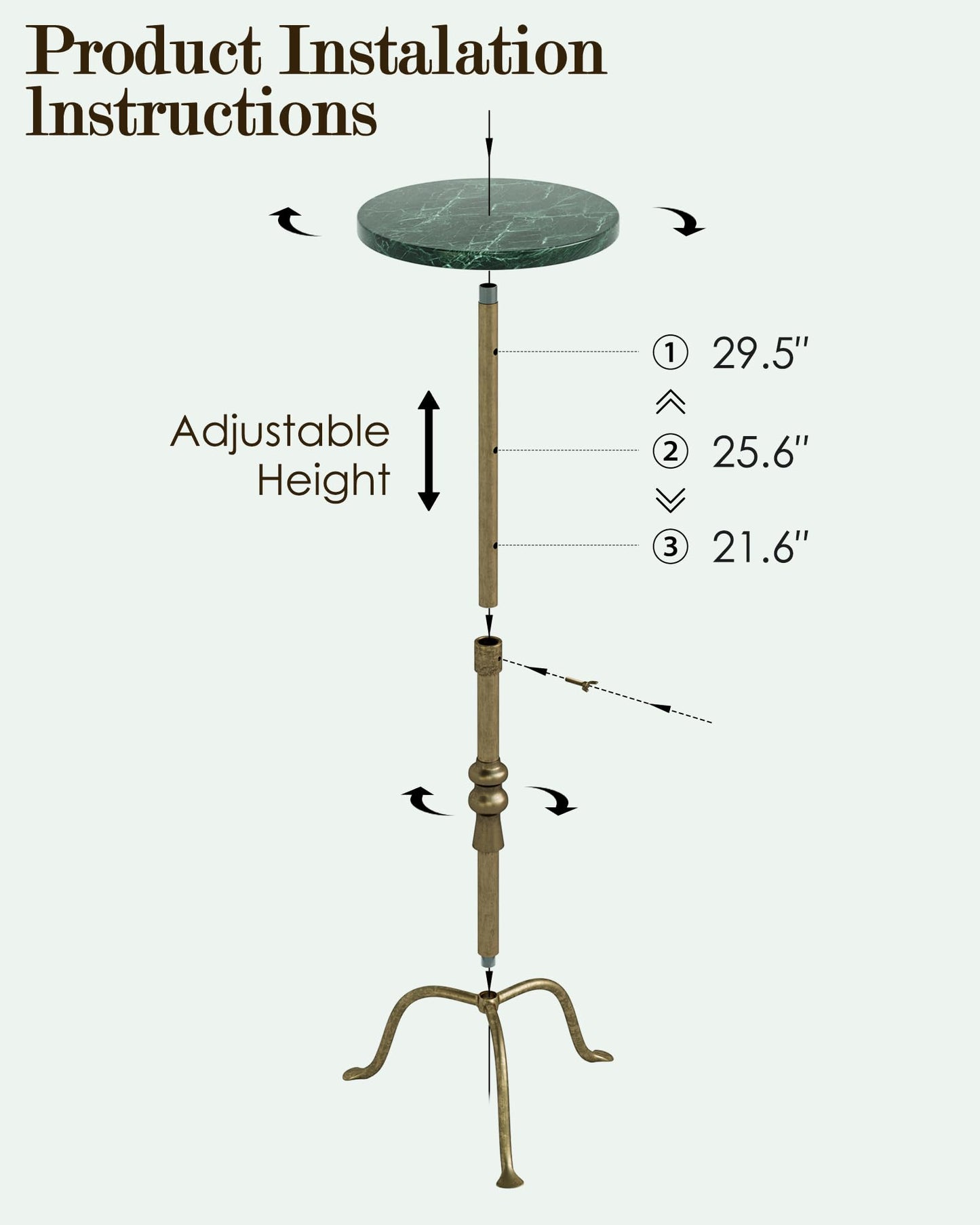 Adjustable Height Round Pedestal Table - 22-30 Inch, Modern Martini Cocktail End Table with Natural Travertine Top & Antique Brass Base for Small Spaces Living Room, Bedroom (Green Marble)
