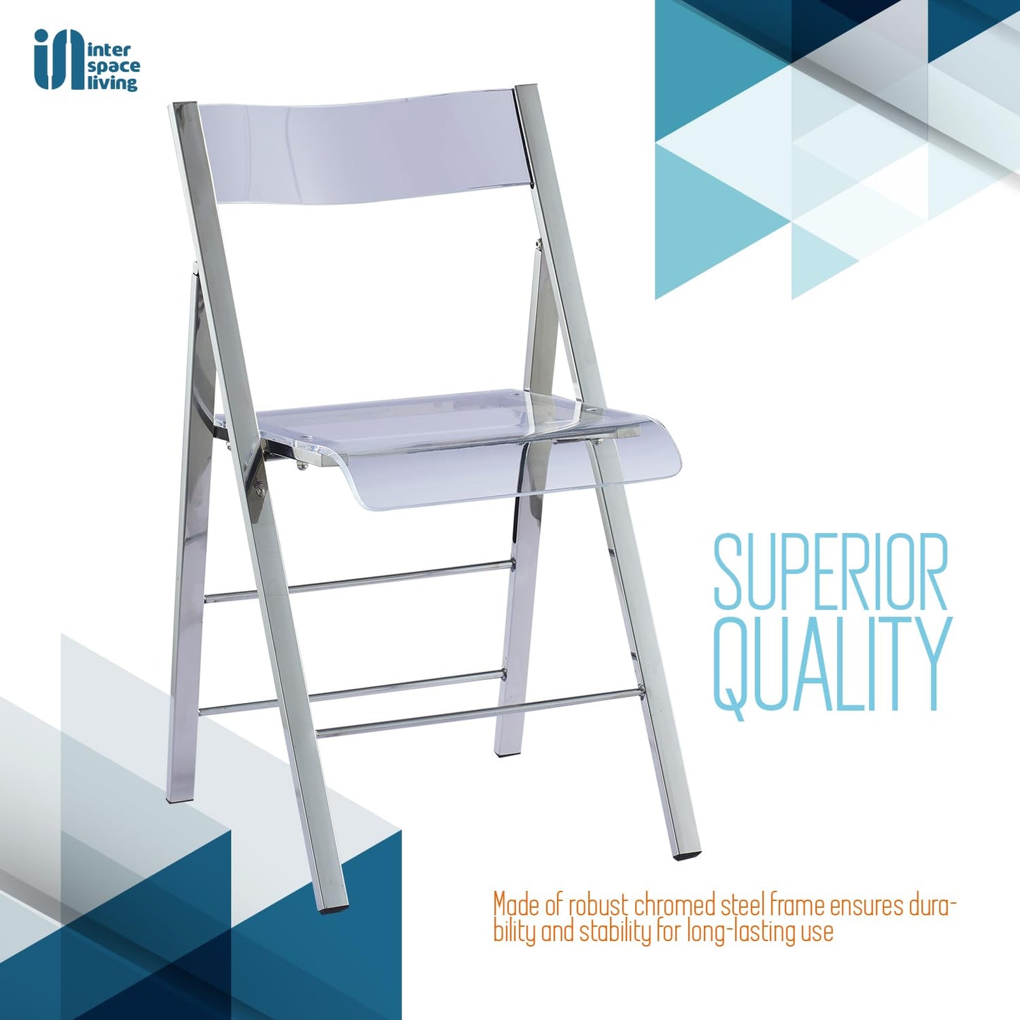 ISL Furnishings Kasper Flex Modern Acrylic Folding Chairs – Foldable Transparent Clear Lucite Chair with Chromed Steel Frame for Indoor, Outdoor, Dining, Desk, Office, Vanity – Silver, Set of 2