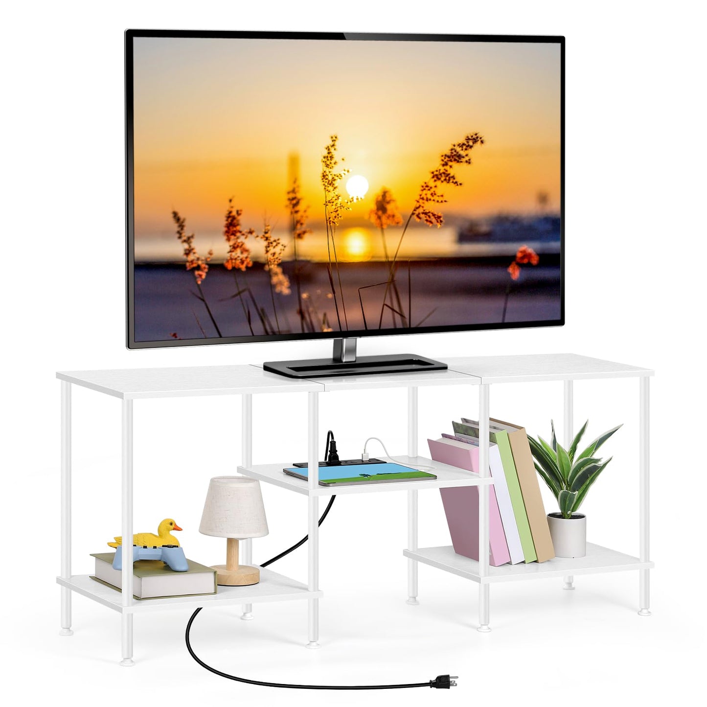 White TV Stand Bedroom with Power Outlets, Small Entertainment Center Stand with Open Storage Shelves for TVs up to 50 Inch, Wood TV Media Console Table with for Living Room, Bedroom