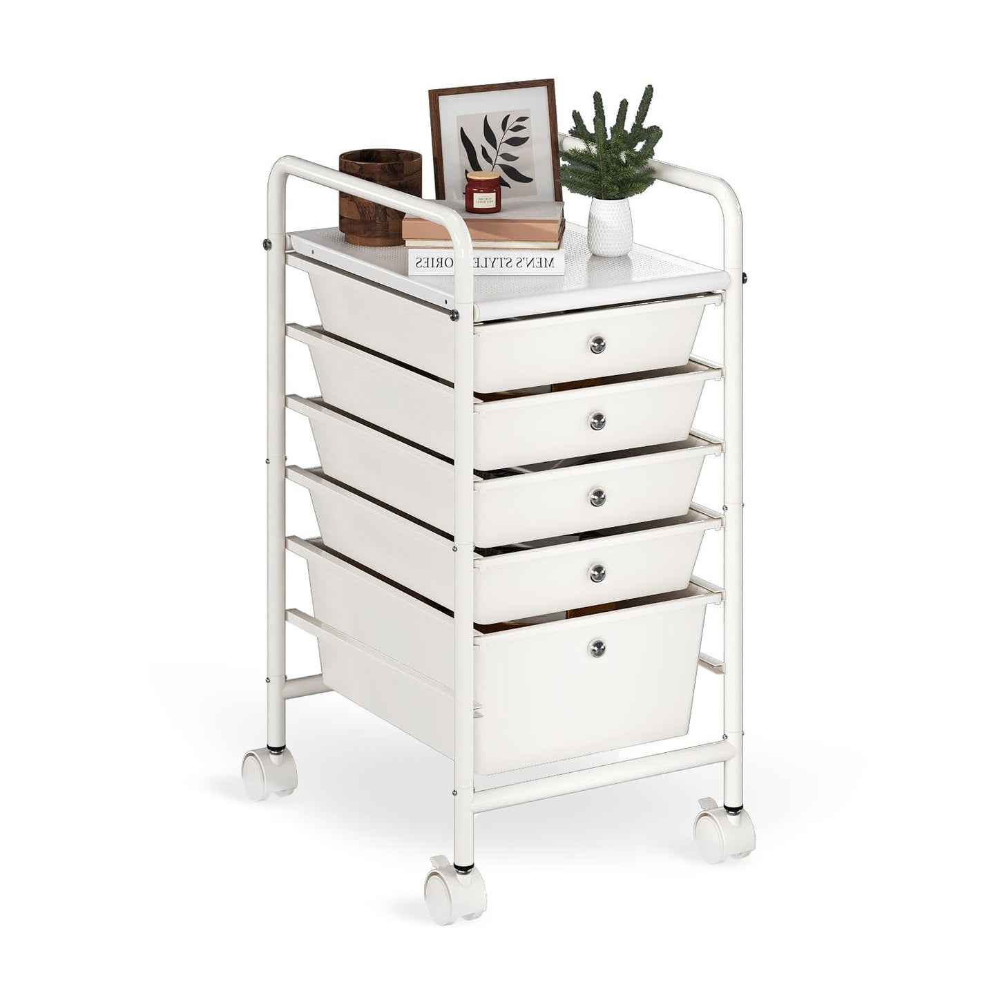 Shrivee 6-Tier Rolling Cart with 5 Drawers, Rolling Utility Cart with 2 Lockable Caster Wheels, Multipurpose Mobile Rolling Storage Drawer Cart for Office Bathroom Kitchen, Ivory White