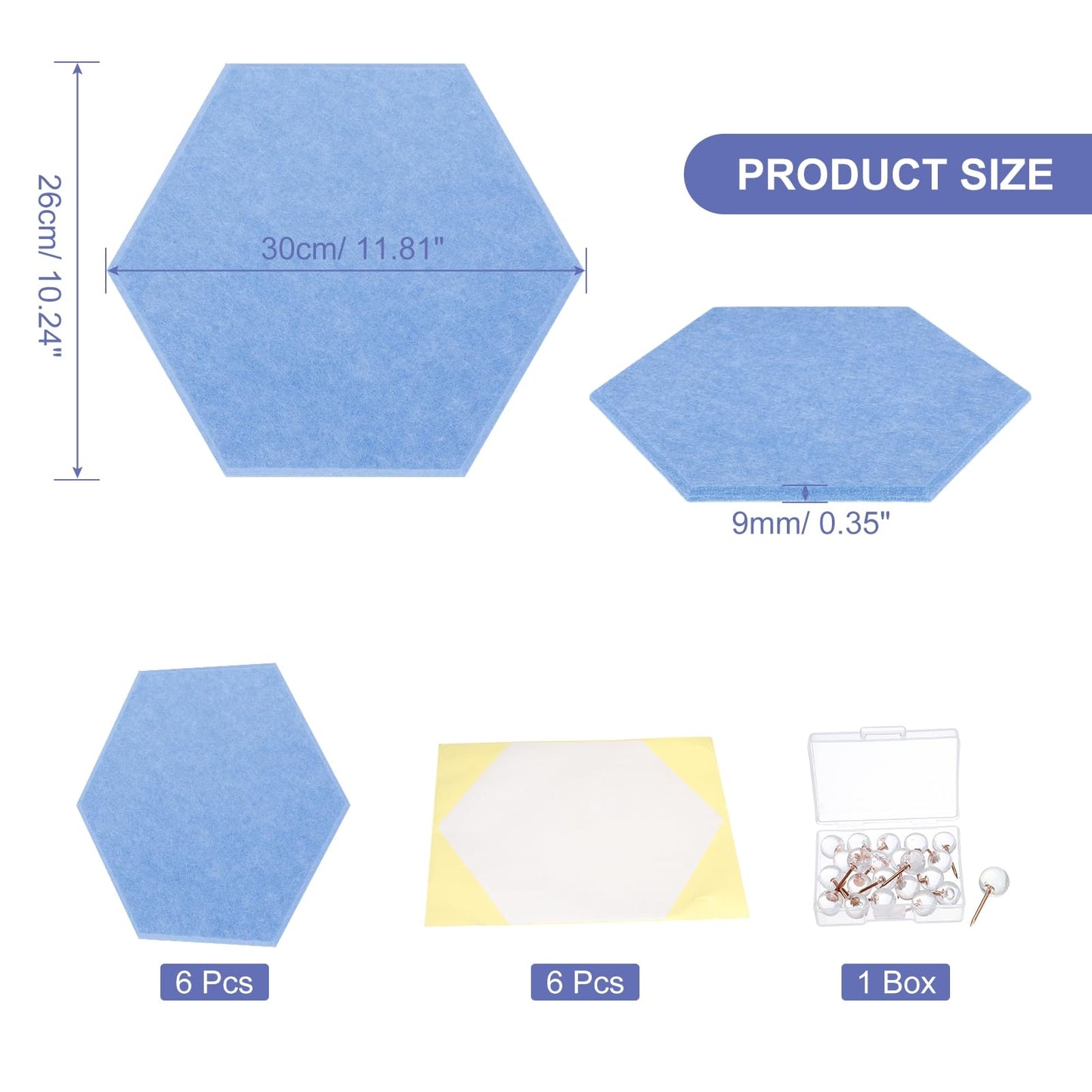 PATIKIL Felt Bulletin Board, 12"x10", 6 Packs Self Adhesive Hexagon Felt Tiles for Sound Proofing Wall Panels for Home Office Recording Studio,Game Room, Light Blue