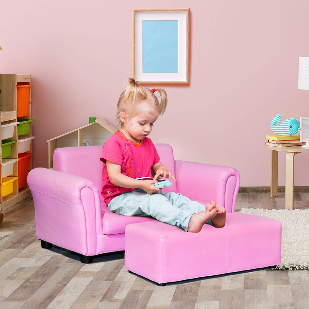 Costzon Kids Couch with Footstool, 2 in 1 Double Seat Children's Sofa w/PU Leather Surface, Armrest Chair Lounge, Soft Kids Sofa for Preschool Bedroom Kids Room Toddlers Boys Girls Birthday (Pink)