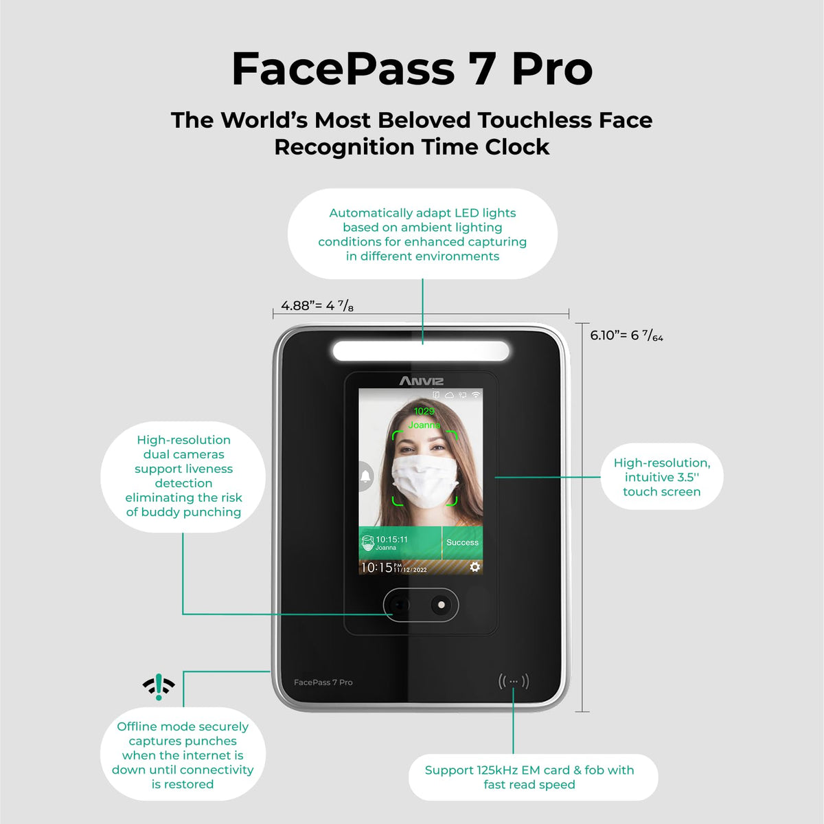 ANVIZ Time Clocks for Employees Small Business - Forever Free Cloud Software - FacePass 7 Pro Biometric Clock in and Out Machine - Support Door Access - Face + RFID + Pin Punching, FacePass 7 Pro