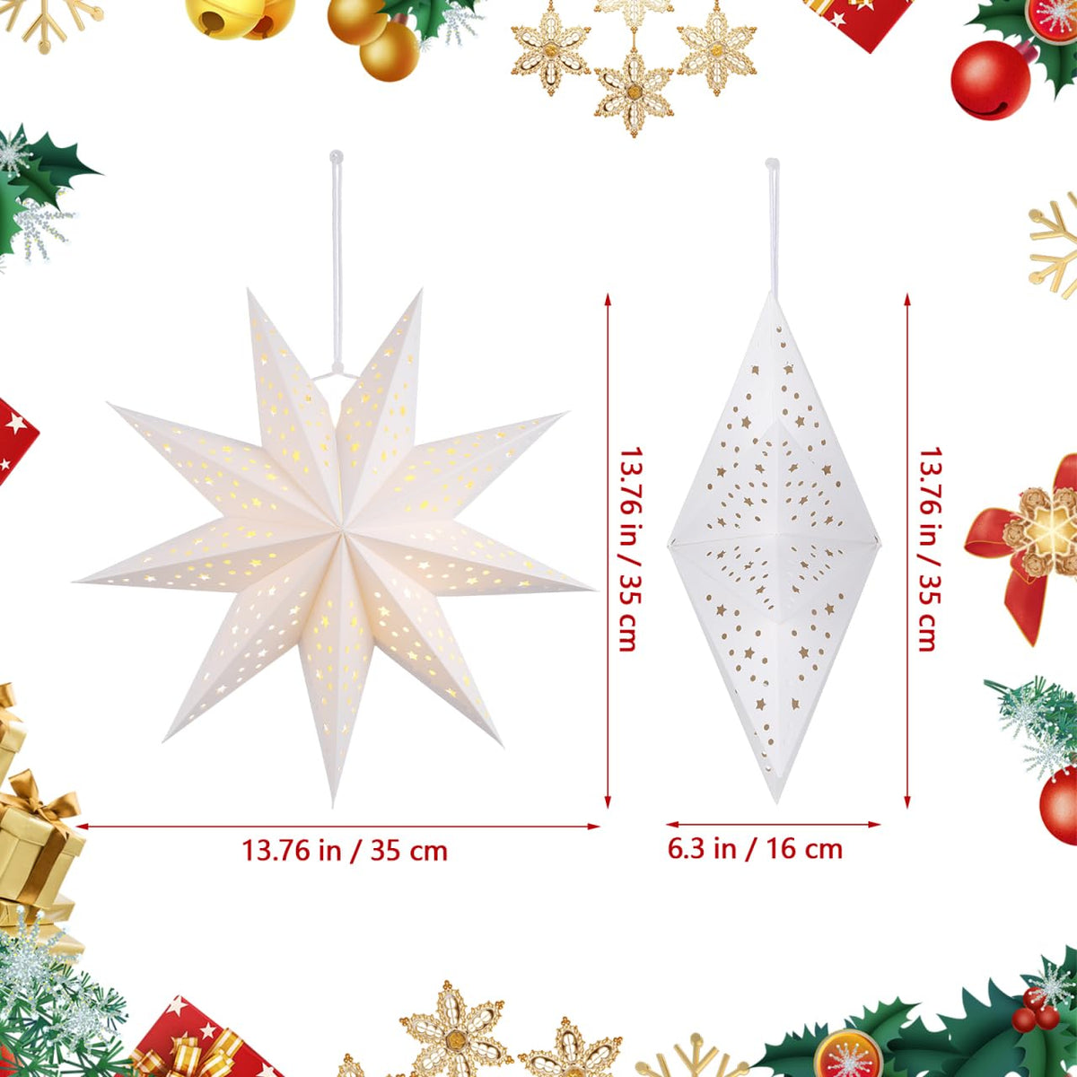 OSALADI 3Pcs Paper Star Lantern Lampshade 9 Pointed Star Hanging Decorations for Christmas New Year Wedding Party Holiday Birthday, 13.78 x 13.78 x 5.12 Inch