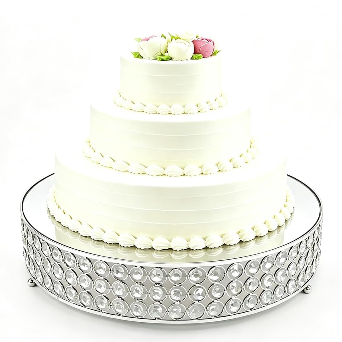 FEICTPOX Metal Cake Stand with Beaded Crystal Display Cake Pedestal,Baking Party Supplies Centerpiece,Silver 16 Inch