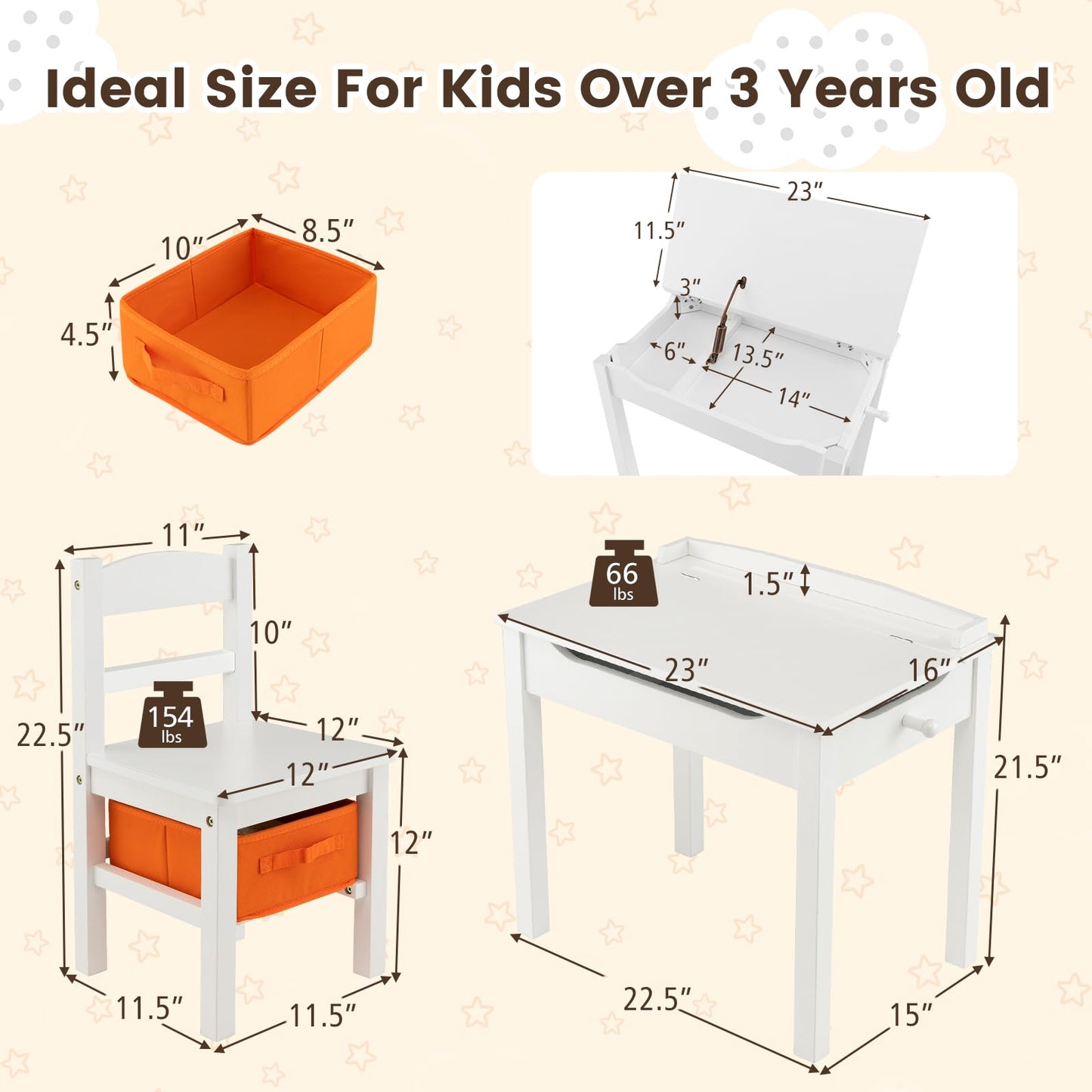 HONEY JOY Kids Table and Chair Set, Wooden Lift-Top Desk & Chair with Storage, Safe Hinged Lid, Activity Table Set for Craft Art, 2-Piece Children Furniture Set for Daycare, Kindergarten(White)