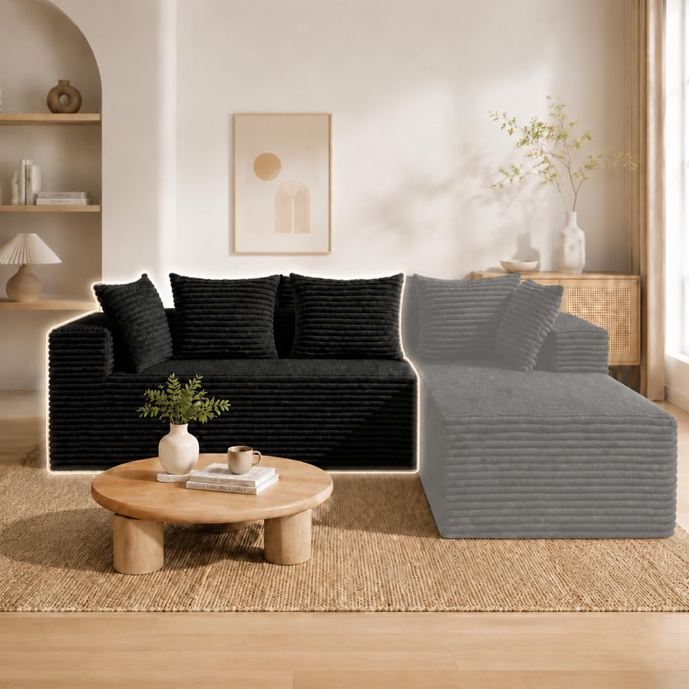 L-Shaped Sectional Sofa Corduroy Couch, All Sponge No Frame No Springs Sofa, Modern Modular Fabric Sofa with Pillows for Living Room Bedroom Apartment (Black（L） Left Module)