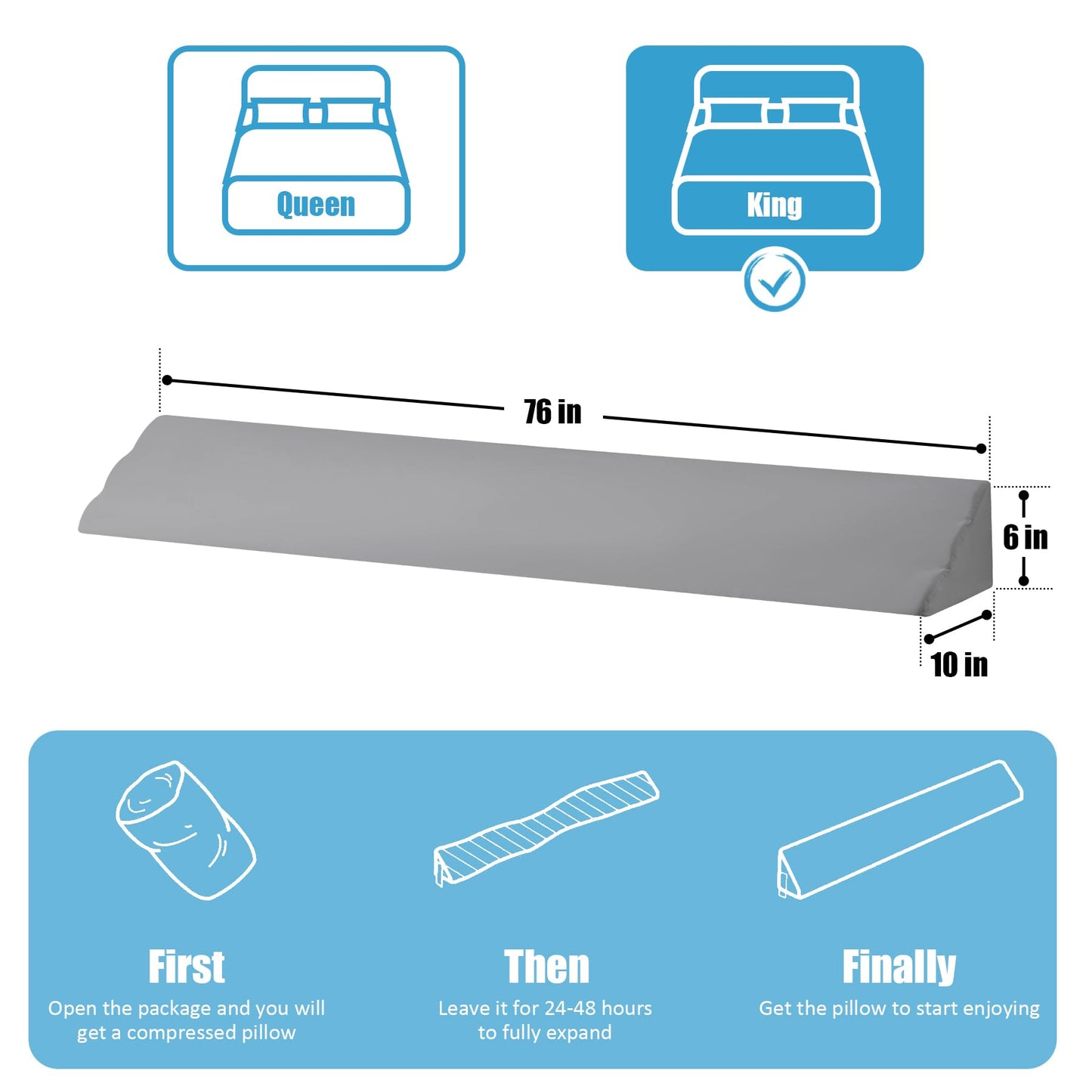 MEGCXIT King Bed Wedge Pillow for Headboard, 76"x10"x6", Bed Gap Filler, Headboard Pillow, Anti-Slip Gap Pillow with Side Pockets, Removable Cover, Grey