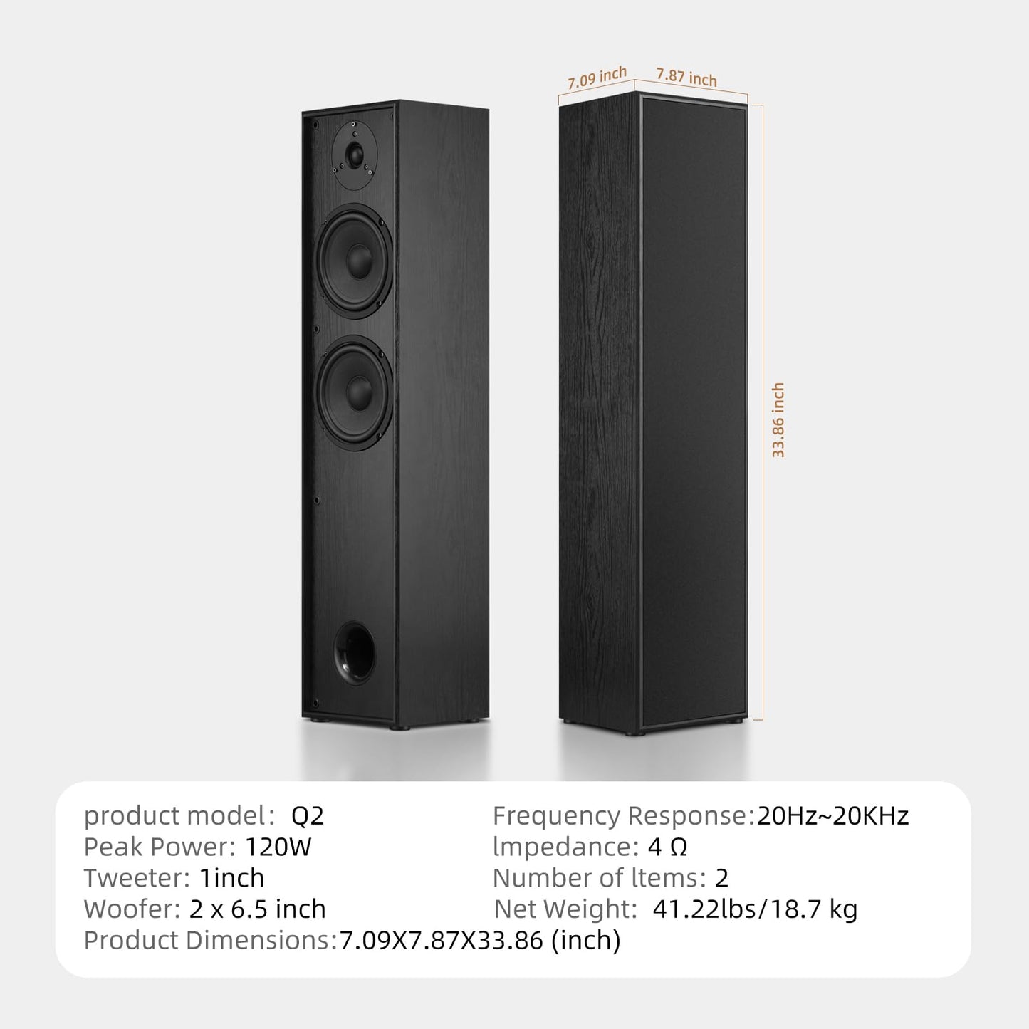 Elimavi Passive Floorstanding Stereo Speakers, Tower Design with 1" Tweeter and 6.5" Woofer, Two-Way System, 4-Ohm Impedance, 120W RMS, Sturdy MDF Cabinet, Ideal for Home Theater Systems, Black