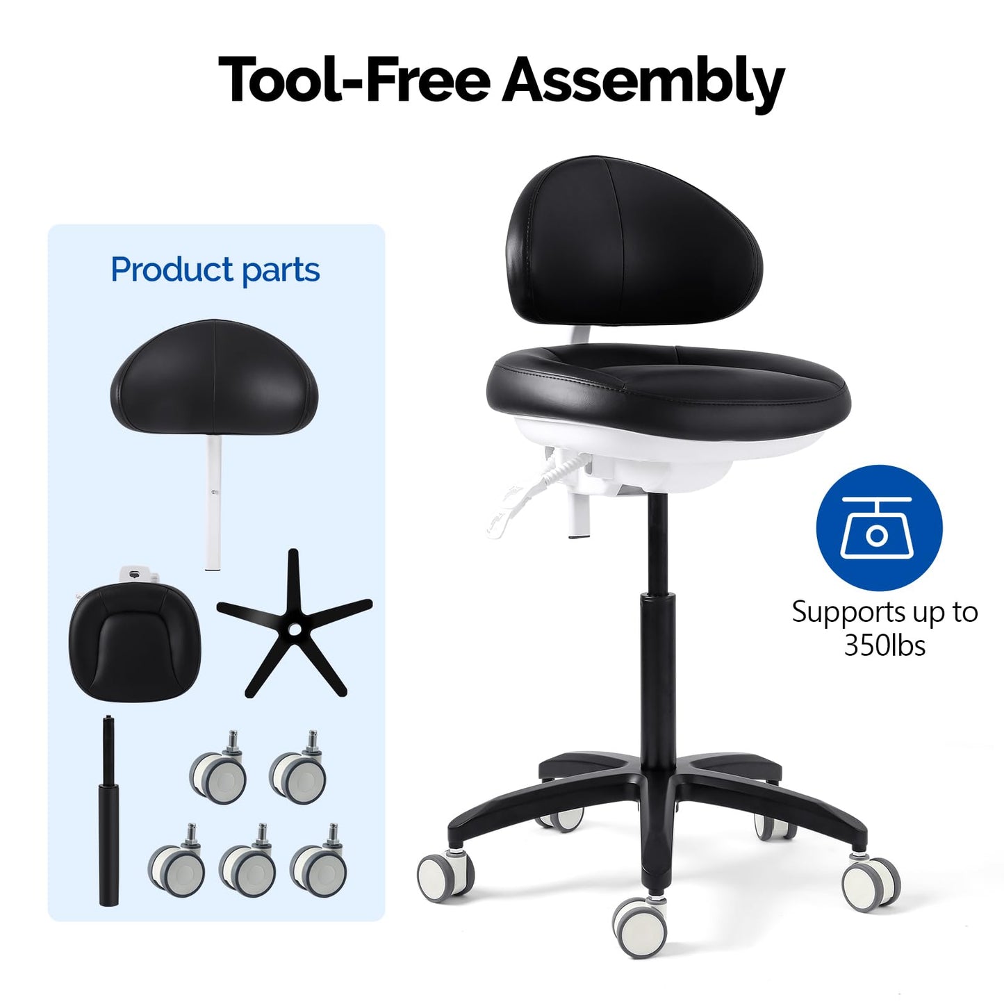 JMU Dental Stool, Adjustable Height Rolling Stool with Backrest, 350lbs Load Capacity Microfiber Leather, for Medical Clinic Lab Tattoo Salon, Black