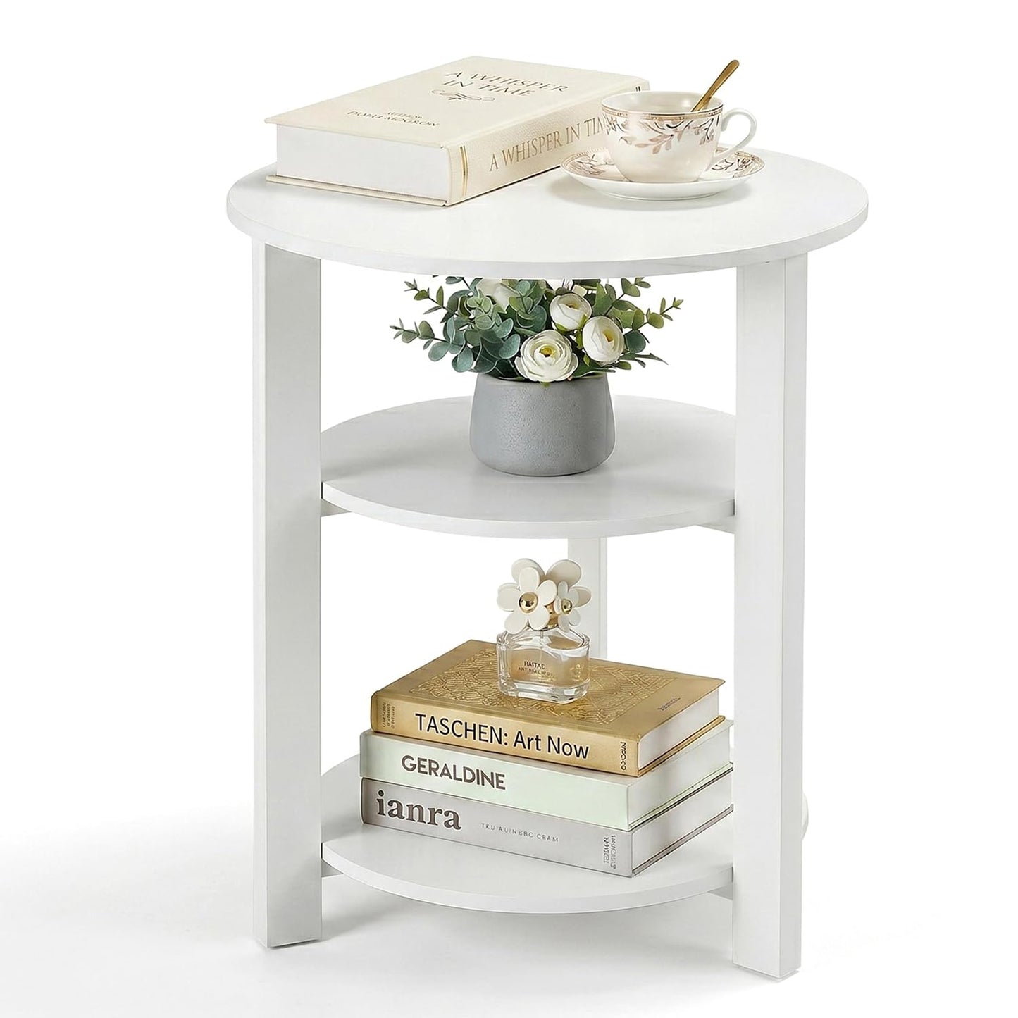 Farmhouse 3-Tier Round Side Table, 17.7 * 21.7inch End Table with Open Storage,Modern Accent Table Circular Nightstand for Living Room, Bedroom, Office,Wooden Table for Narrow and Small Spaces, White