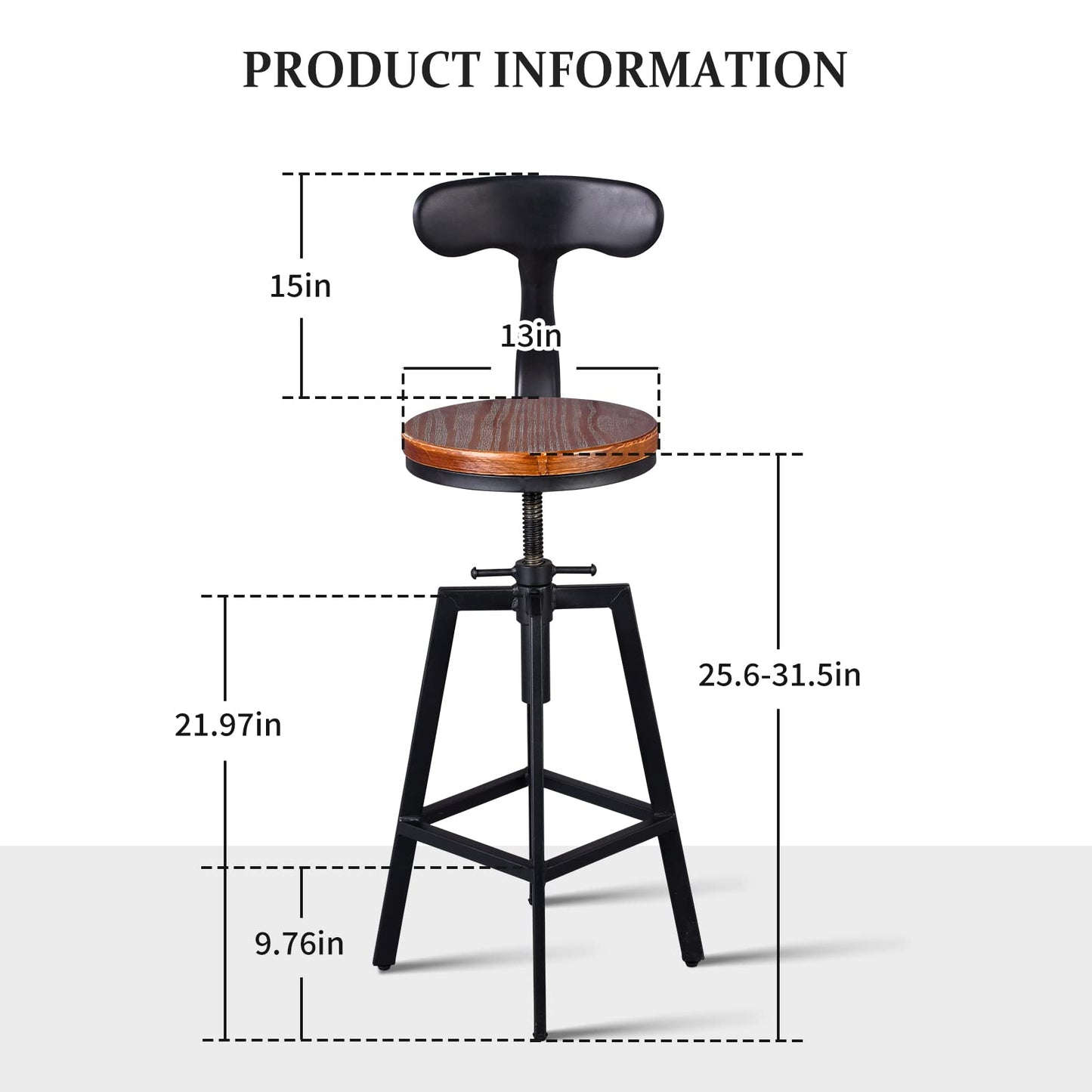 Diwhy Industrial Bar Stools,Kitchen Dining Chair,Wood Top Stool,Adjustable Height Swivel Counter Height Bar Chair with Metal Backrest,Black,Fully Welded Set of 2 (Brown Wooden Top with Iron Backrest)