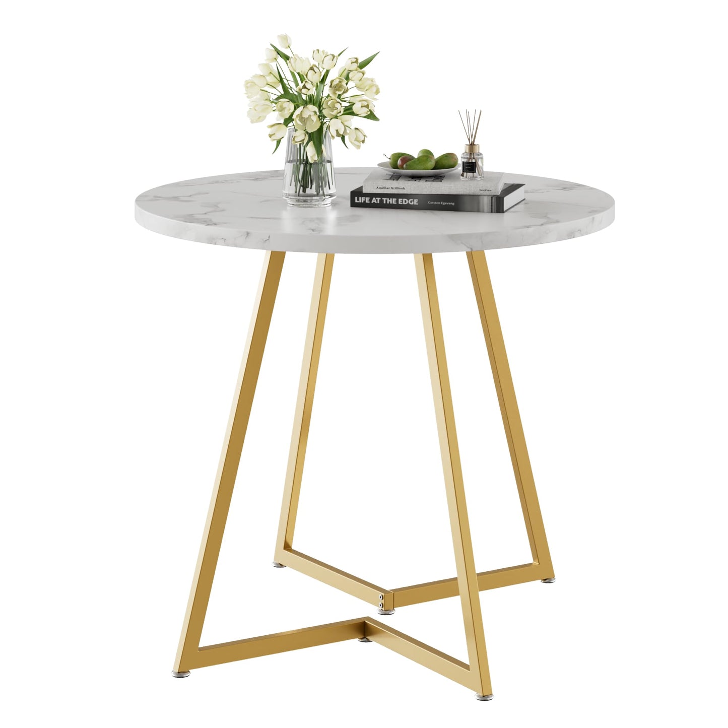 VECELO Round Dining Room Table with Wood Grain Tabletop and Steel Frame, for Kitchen, Living Room, Office, Conference, 2 to 4 Person, White & Gold