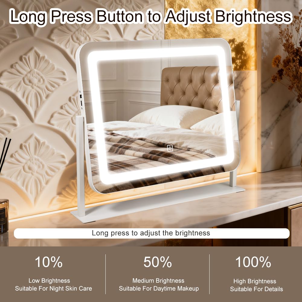 YEKKOPT 16"x20" Desk Makeup Vanity Mirror with Lights - Smart Touch Control, Dimmable Light (3 Modes), for Makeup Desk, Bedroom, Dressing Room