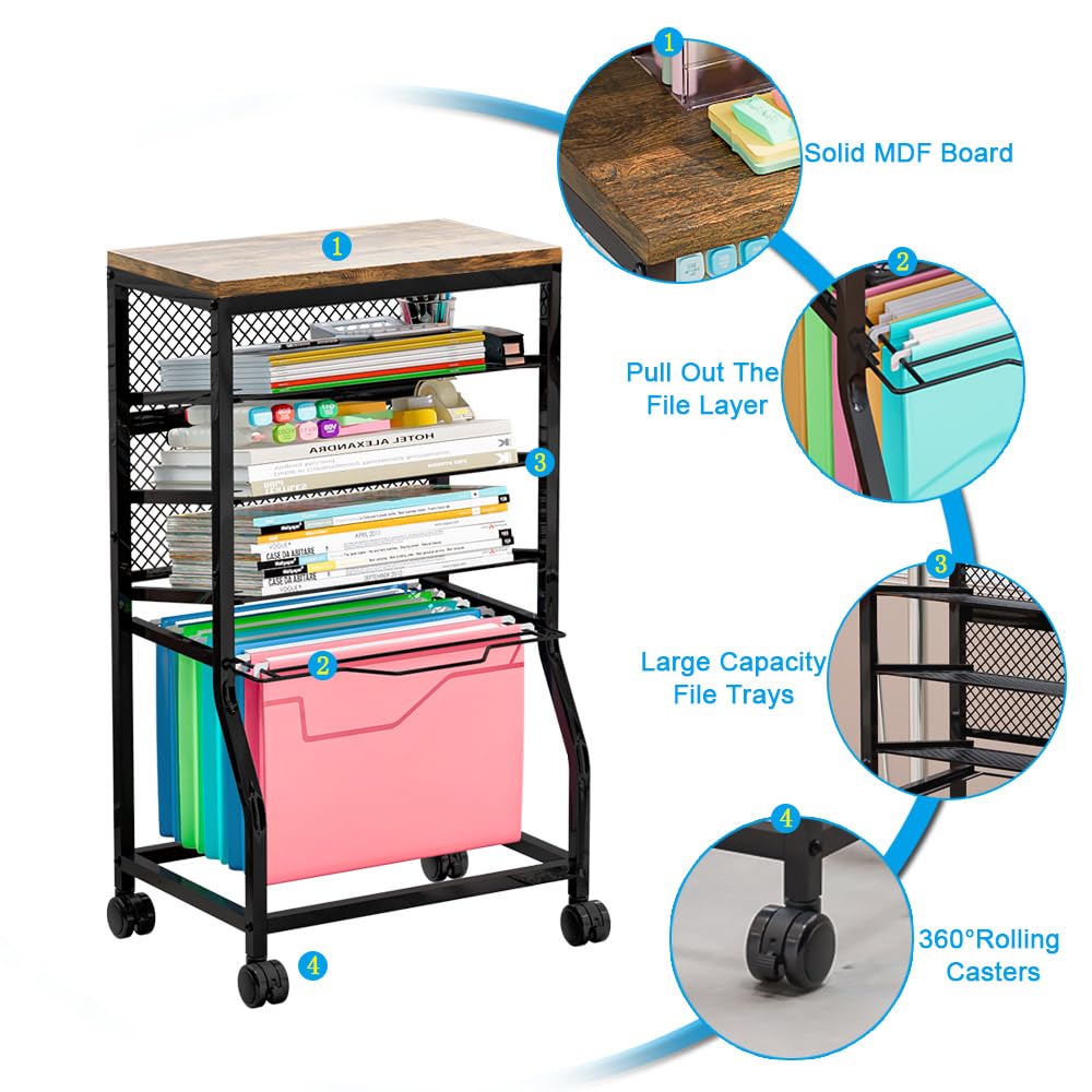 INGIORDAR 5-Tier Rolling File Cart, Under Desk Storage Organizer with Lockable Wheels & Mesh Sliding Trays, Multi-Functional Mobile Utility Cart for Office, Home, School, Black