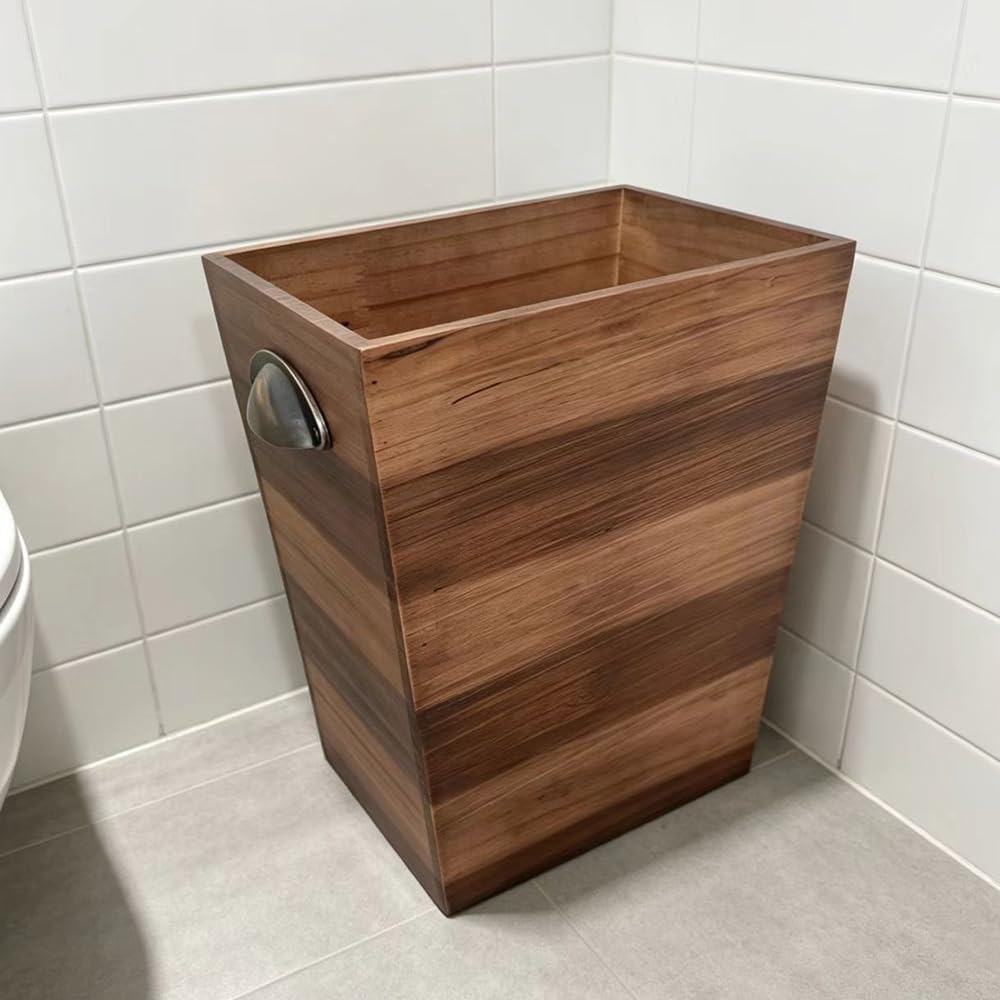 Ayxeute Solid Wood 2.5Gallon Trash Can, Thickened Sturdy Wooden Waste Basket with Metal Handle, Rustic Farmhouse Decorative Garbage Bin for Bathroom, Bedroom, Kitchen, Office, Living Room