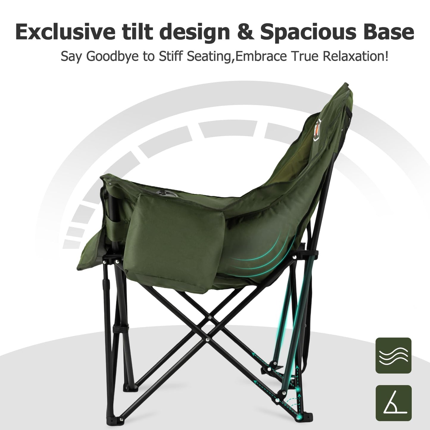 Overmont Oversized XL Camping Chair for Adults - 500lbs Support Heavy-Duty Padded Folding Chair with Side Pocket Cup Holder Cooling Bag for Outdoor Sports Garden Beach Fishing Lawn Green