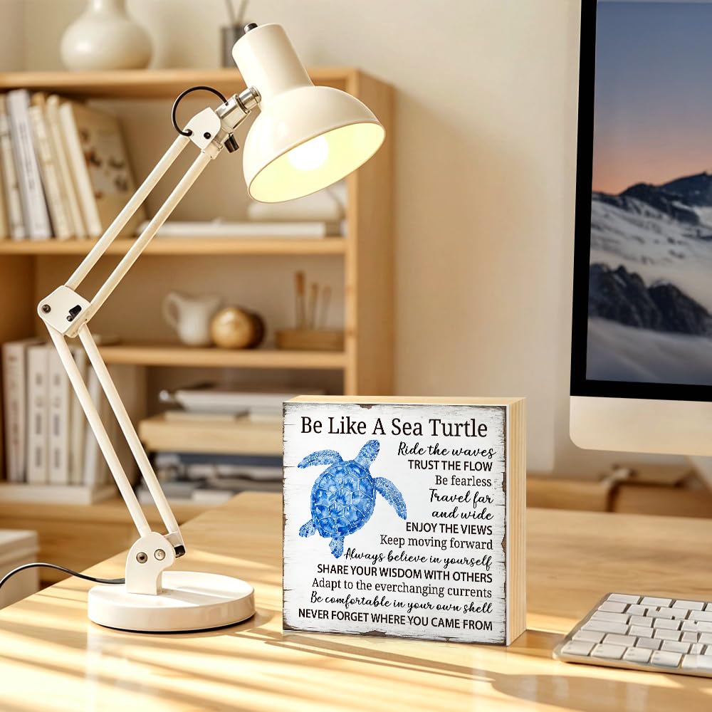 JQYCJTR Be Like A Sea Turtle Wood Block Plaque Box Sign for Home Living Room Coffee House Bar Shelf Table Decoration, Coastal Easter Beach Sign, Sea Turtle Motivational Wisdom Home Decor