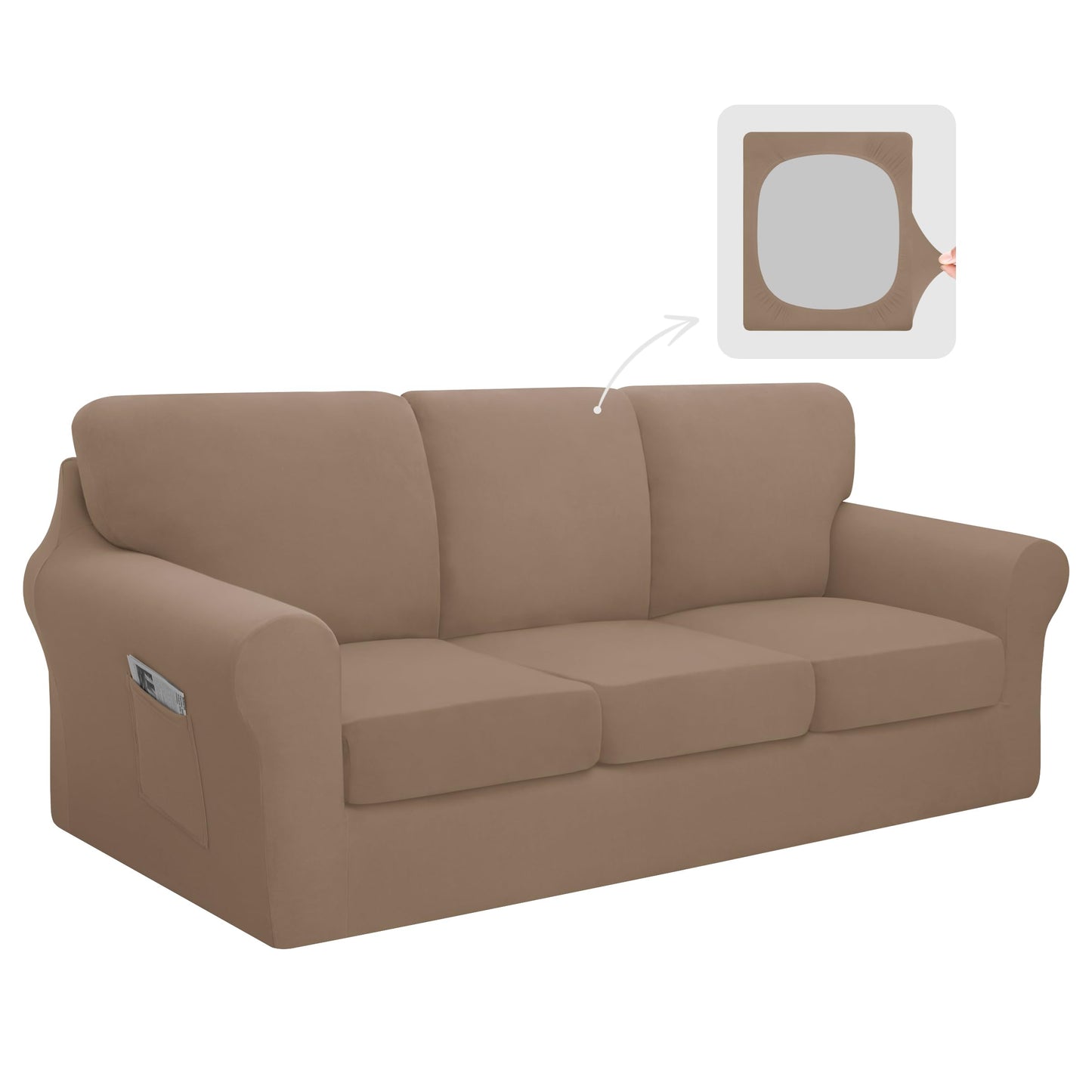 Easy-Going 7 Pieces Stretch Couch Cover Washable Sofa Cover Set for 3 Backrest and Seat Cushion Couch Anti-Slip Sofa Slipcover Furniture Protector with Elastic Bottom (Large, Camel)