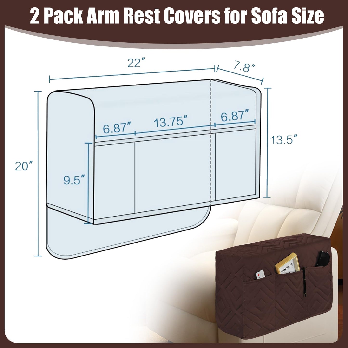 Armrest Covers, 2Pack Waterproof of Recliner Chair Arm Covers with Side Pockets, Washable Armrest Slipcovers Scratch Couch Cover Sofa Covers for Arm of Couch for Remote Control Holder, Phone, Magazine