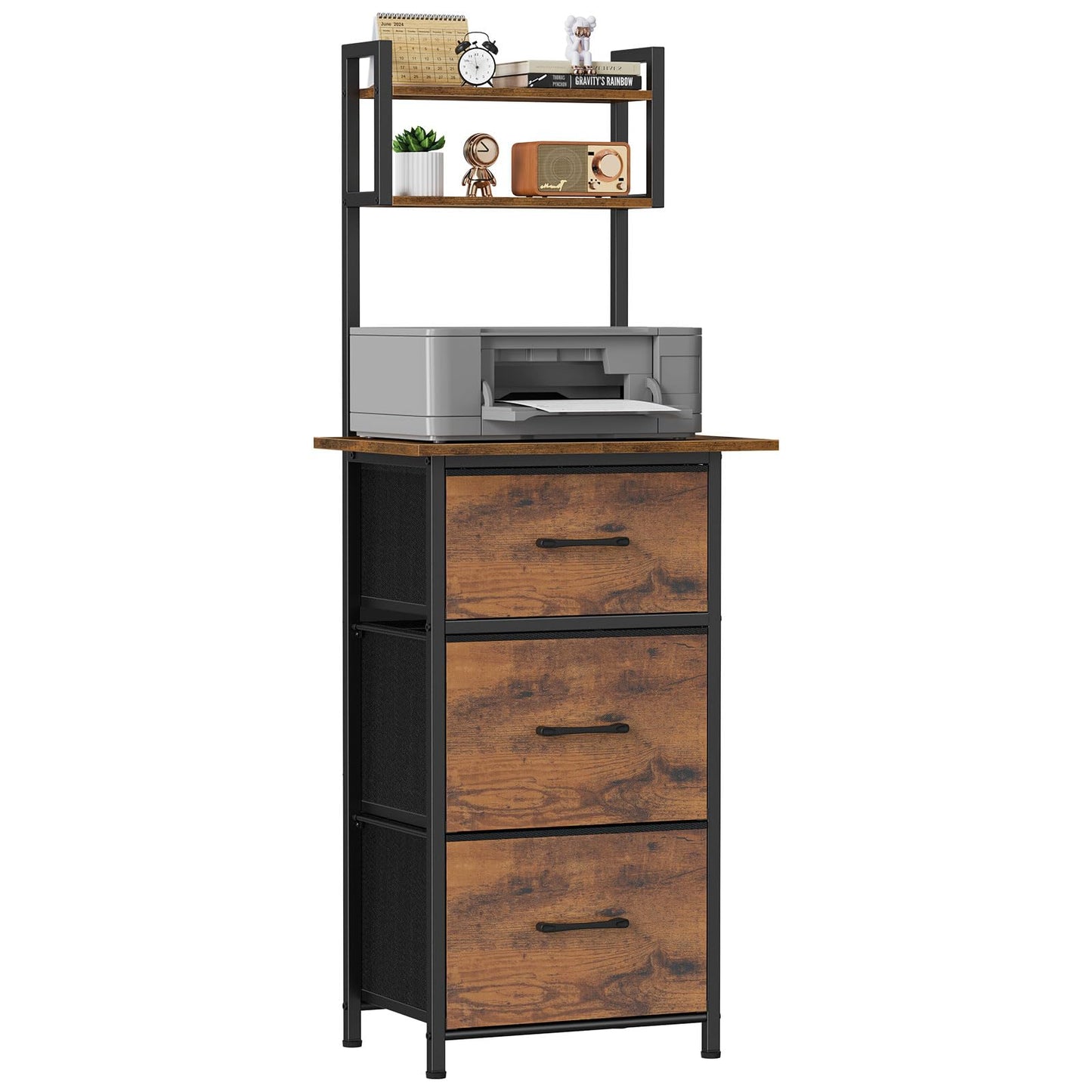 Snughome 3 Drawer Tall File Cabinet with 19.7'' Extended Desktop, 3-Tier Filing Cabinet for Home Office 51.6''H Vertical File Cabinet Printer Stand with Drawers, Fits A4/Letter/Legal,Rustic Brown