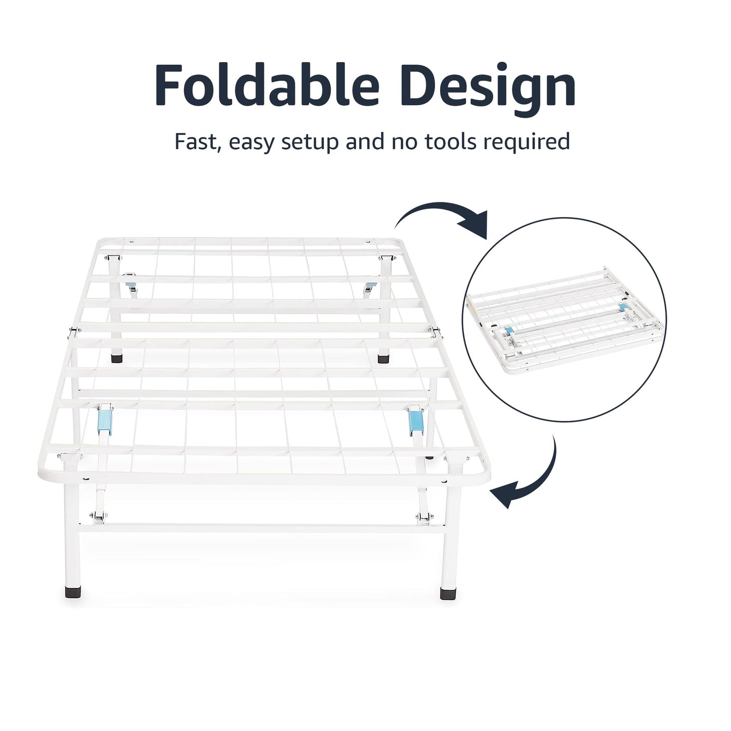 Amazon Basics Platform Bed Frame Full, Foldable Metal, Tool-Free Setup, 14 Inches High, White