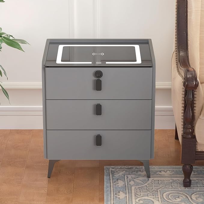 Smart Nightstand with Wireless Charging, with Fingerprint Lock Drawer, Night