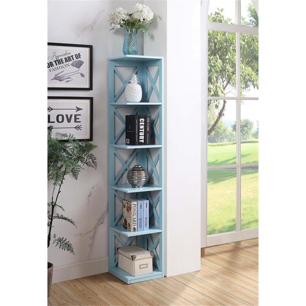 Convenience Concepts Oxford Corner Bookcase 12" - 5-Tier Slim Farmhouse Bookcase for Modern Living & Family Room, Media Storage Organizer for Home Office Library, Tall Shelving Unit, Sea Foam Blue