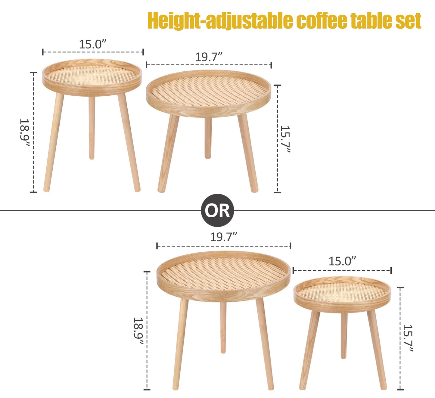 Round Coffee Table Set of 2, Natural Boho Coffee Tables, Small Mid Century Modern Rattan Coffee Table, Boho Side Table End Tables for Living Room Bedroom Office