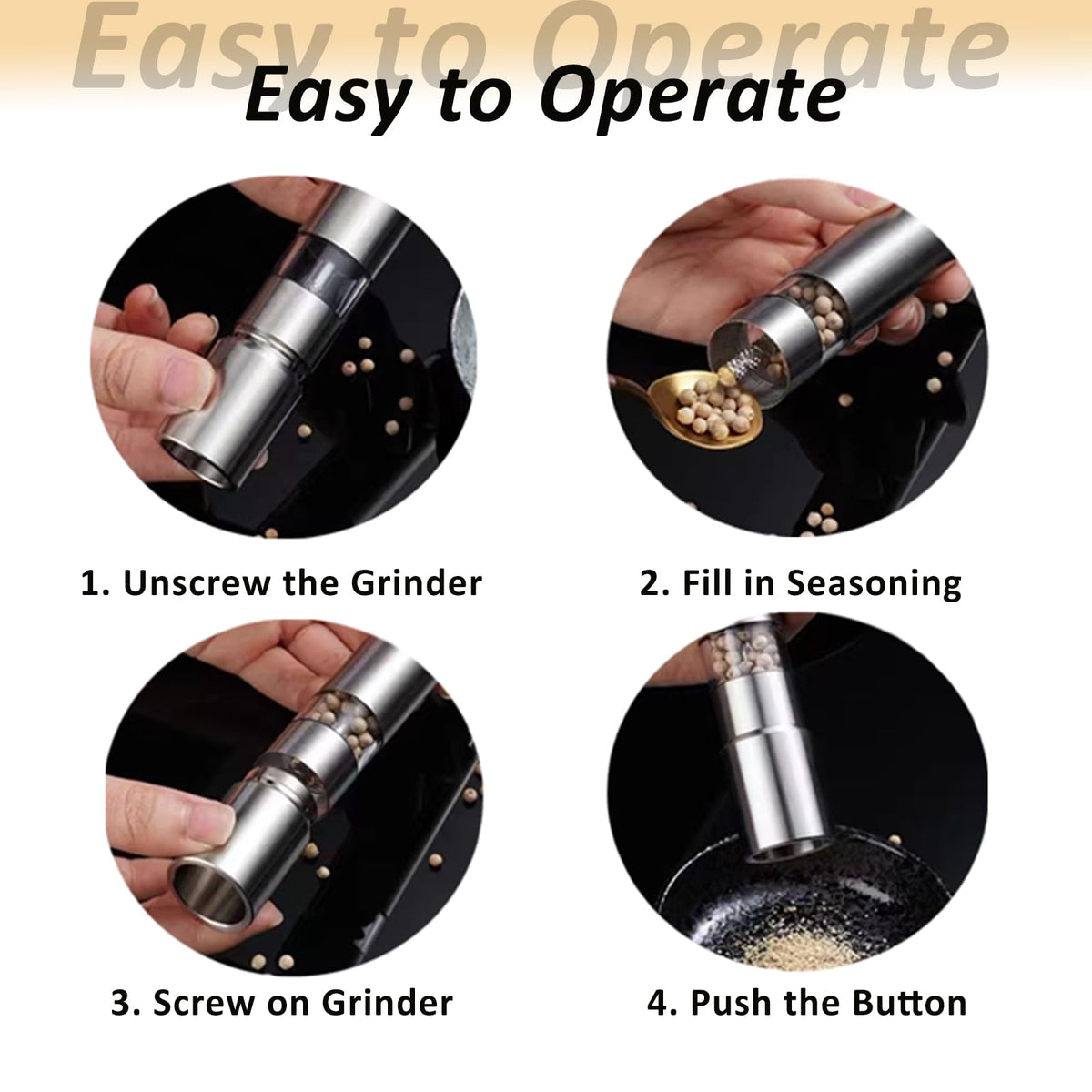 Stainless Steel Salt and Pepper Grinder Set, Manual Refillable Peppercorn Mills with Push Button, Thumb Grinder, Sliver White
