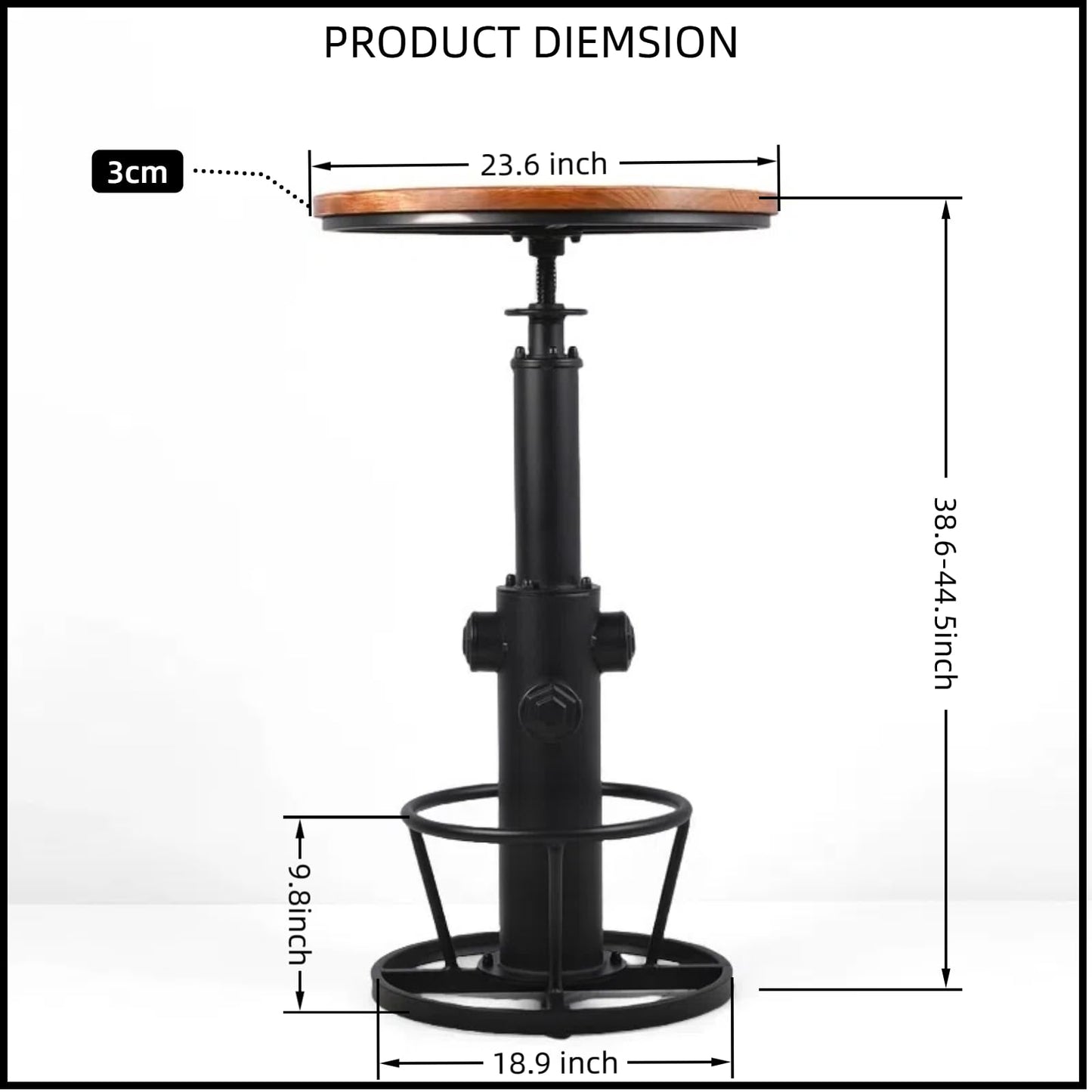 BOKKOLIK Vintage Bistro Table Height Adjustable 38.6-44.4inch Industrial Bar Table for Kitchen Dining Room Coffee House Pub Office Swivel Round Wooden Top for 2-3 People
