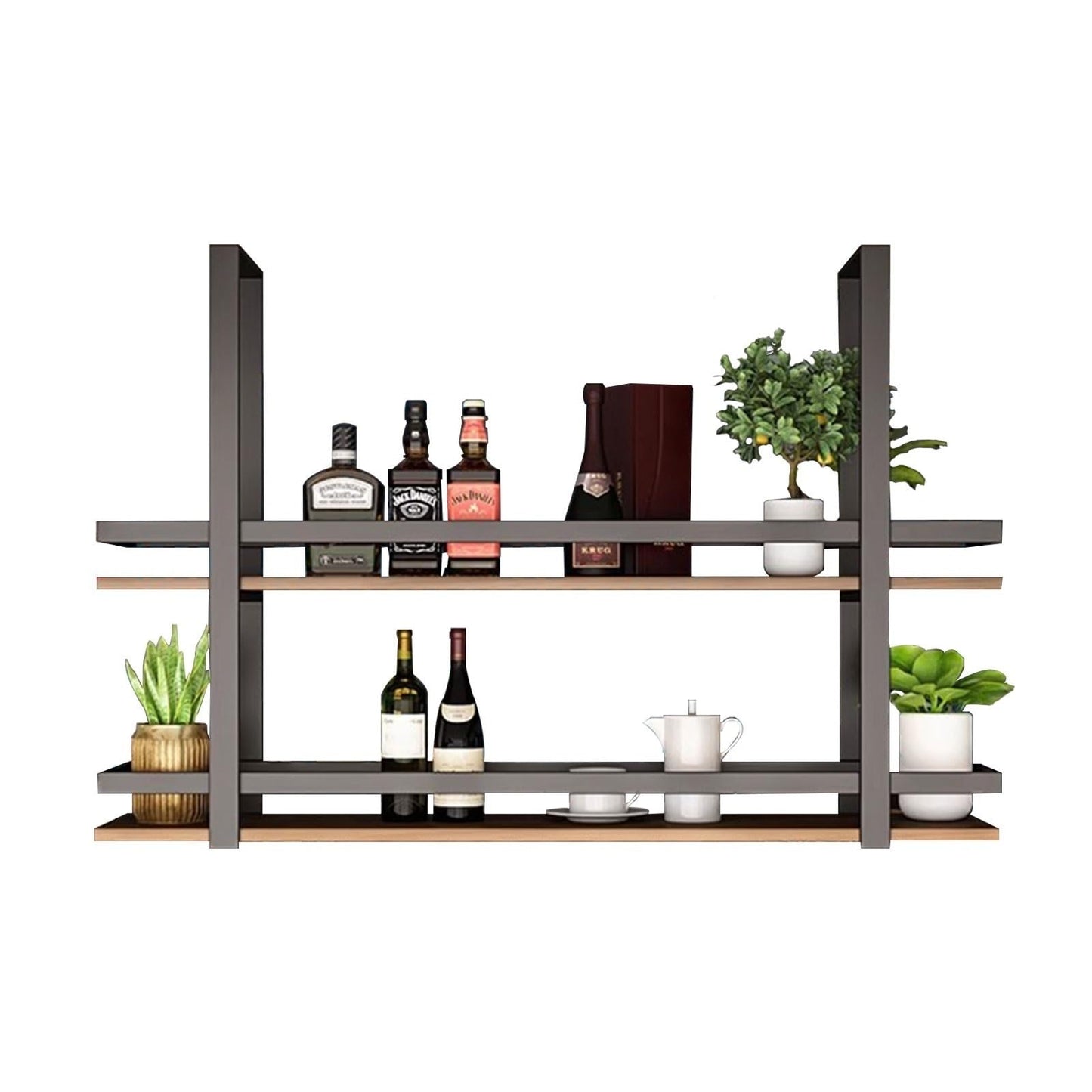 Tatitzro Ceiling Hanging Wine Bottle Holder, Metal Floating Glass Shelf Wall Mounted Wine Bottle Rack Shelves Decorative Plant Display Storage Shelf with Stemware Hanger, for Bar Cafe(60x30