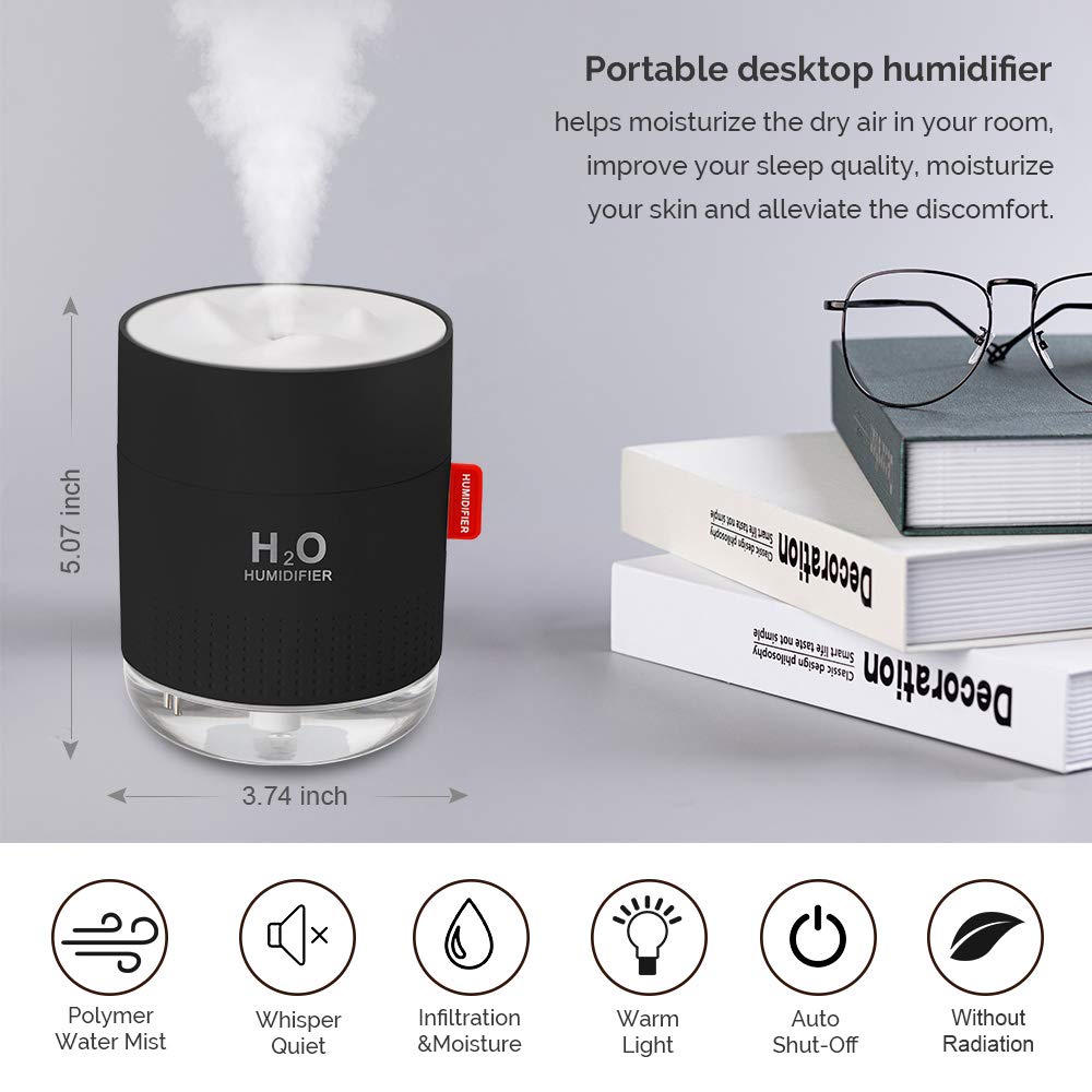 Portable Mini Cool Mist Humidifier, 500ml USB Personal Desktop Humidifier for Baby Bedroom Travel Office Home, Auto Shut-Off, 2 Mist Modes, Super Quiet (Black)
