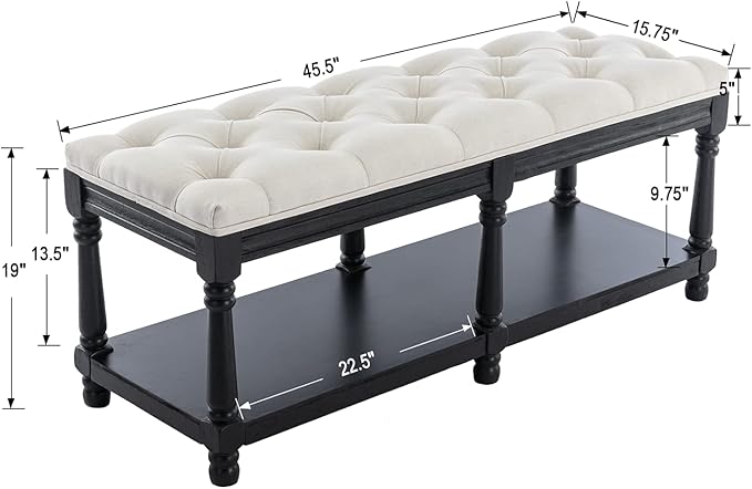 Farmhouse Storage Bench Wooden Entryway Linen Upholstered Ottoman Button Tufted