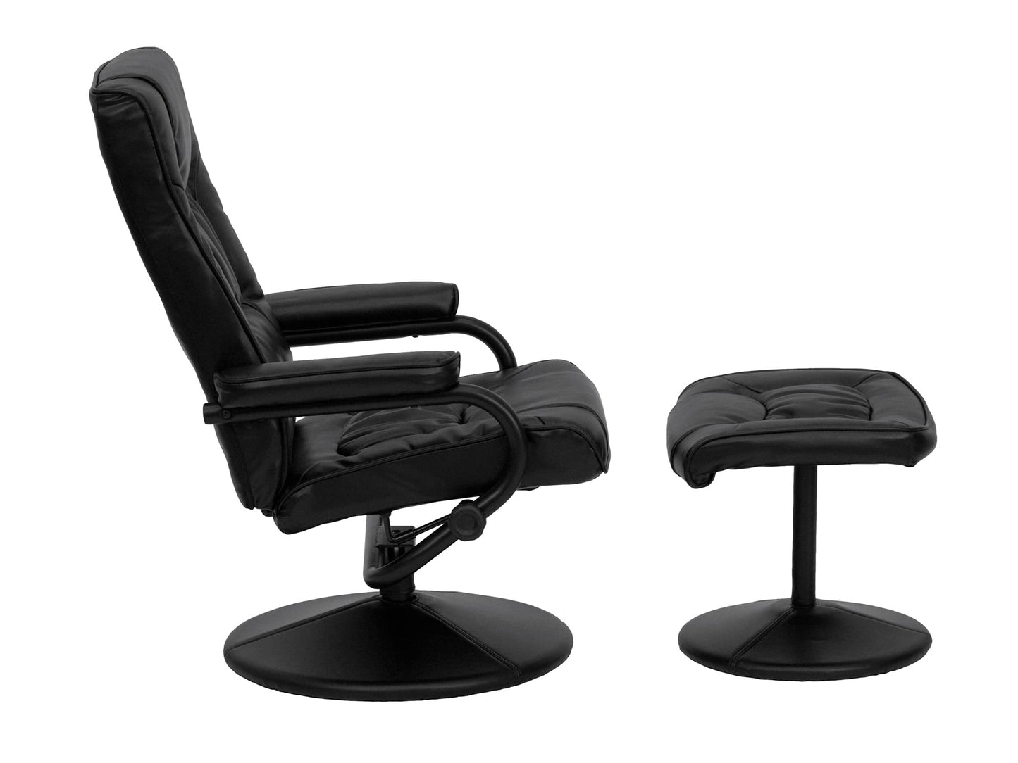 Offex Contemporary Black Leather Recliner and Ottoman with Leather Wrapped Base