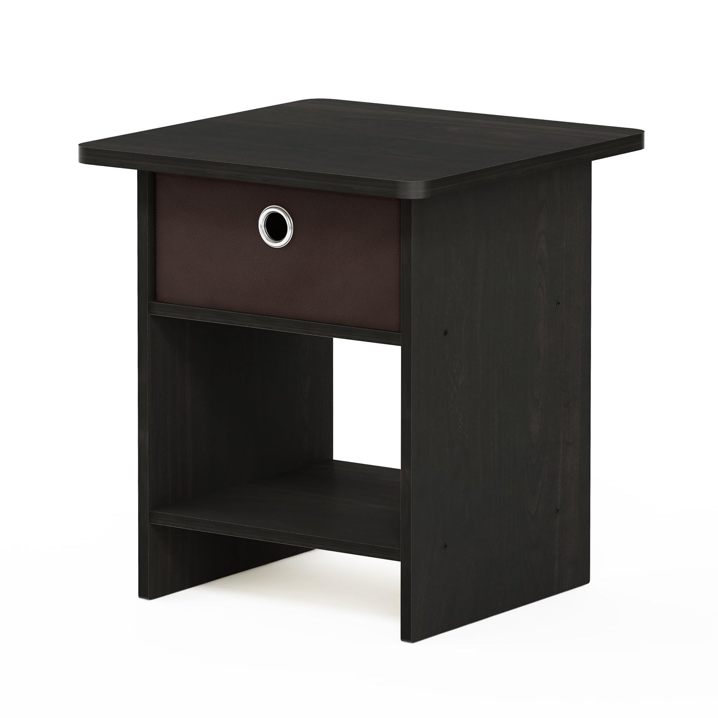 Furinno DARIO Side Table, Square End Table with Storage Bin, Round Corner Night Stand, Bedside Table with Open Back Shelf, for Living Room, Bedroom, Espresso