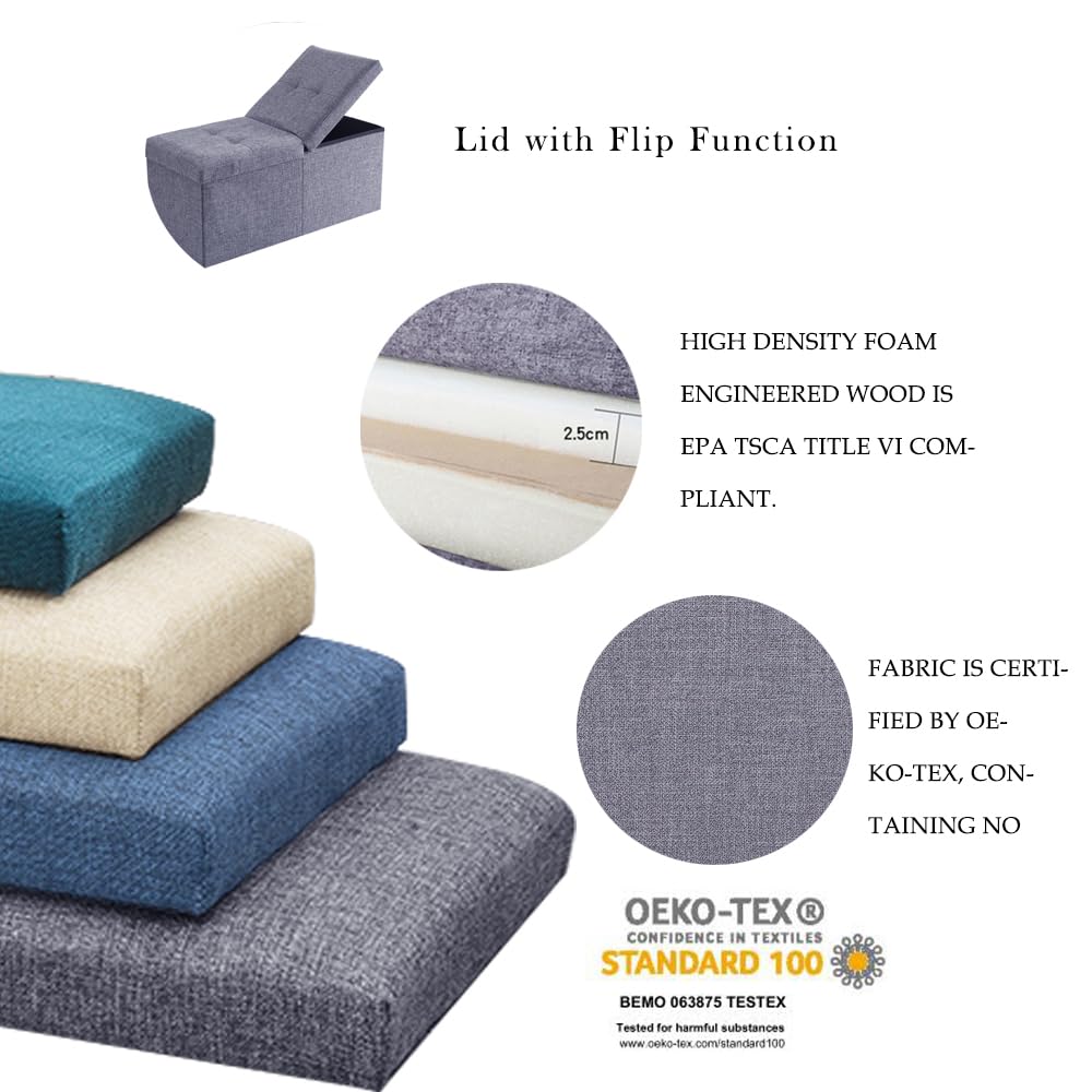CUYOCA Storage Ottoman Bench Foldable Seat Footrest Shoe Bench End of Bed Storage with Flipping Lid, 75L Storage Space, 30 inches Linen Fabric Navy